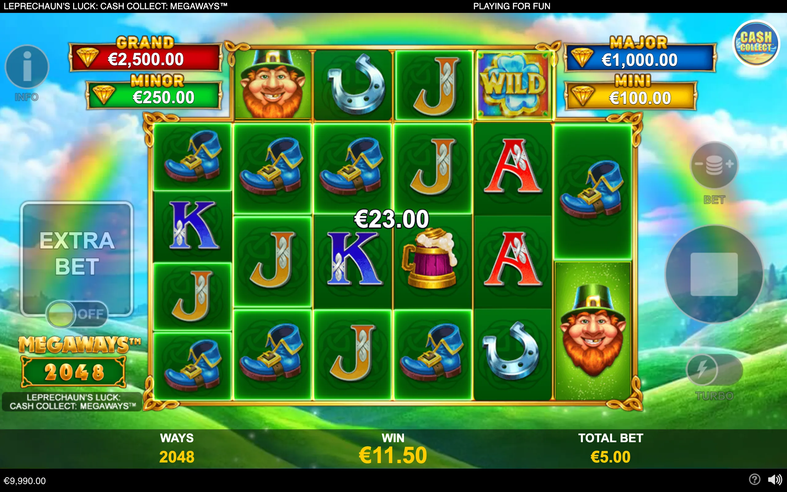 Leprechaun-themed Megaways slot interface with a smiling leprechaun, horseshoe, lucky boots, shamrock Wild symbol, beer mug, jackpot tiers, and a rainbow over green hills.