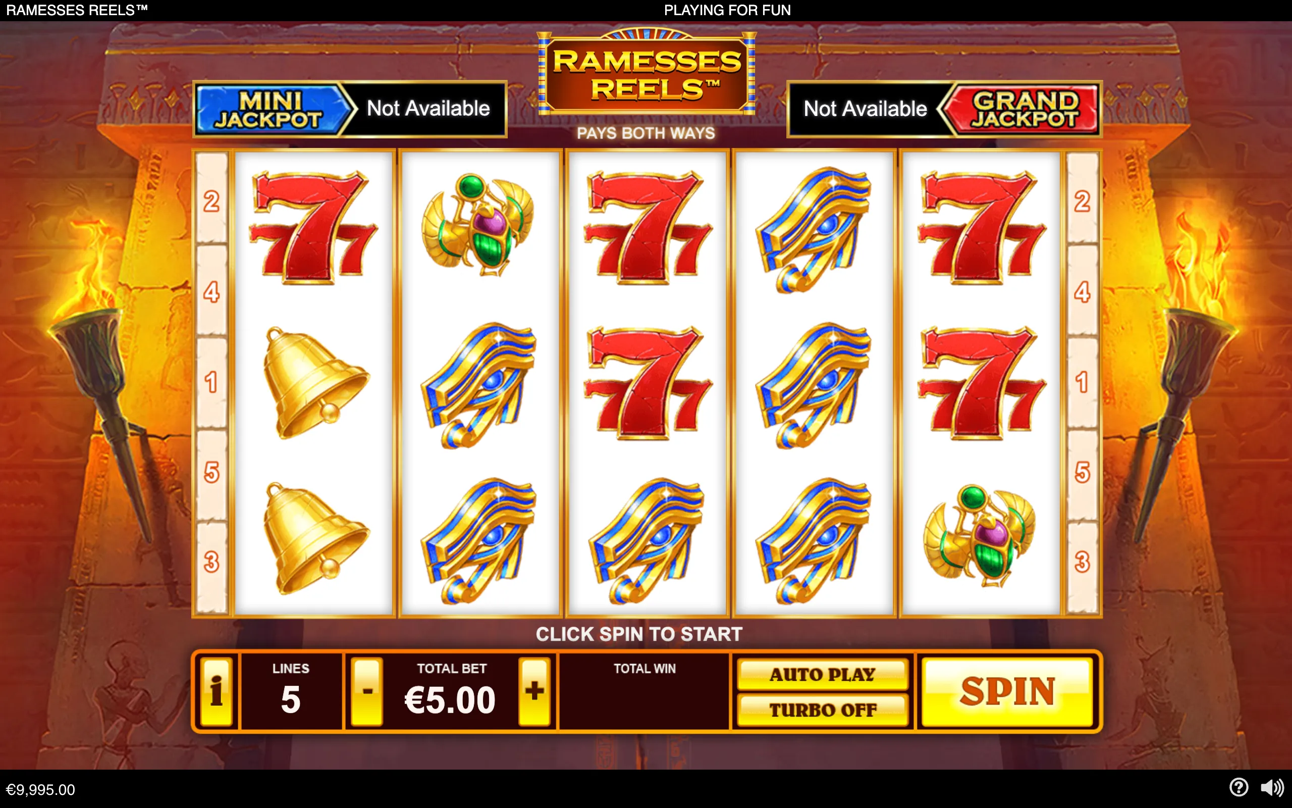 Ramesses Reels slot interface with five reels, Egyptian symbols, red sevens, jackpot panels, and a torch-lit temple backdrop.