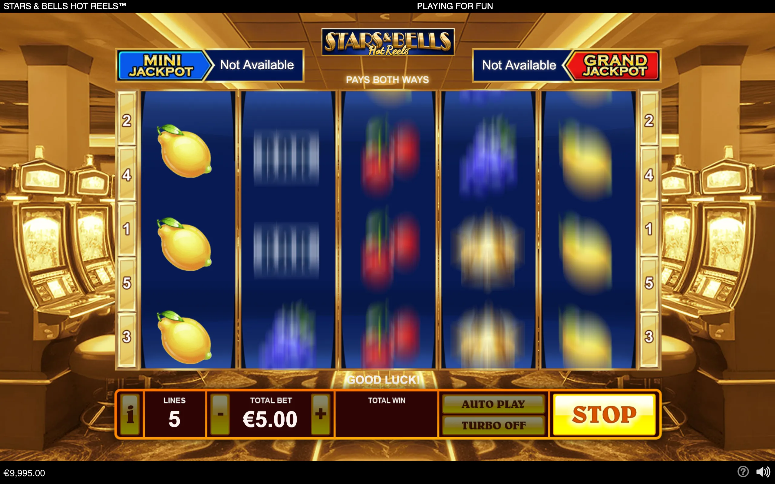 Stars & Bells Hot Reels slot interface with five spinning reels, lemon symbols, fruit icons, jackpot panels, and a golden casino backdrop.
