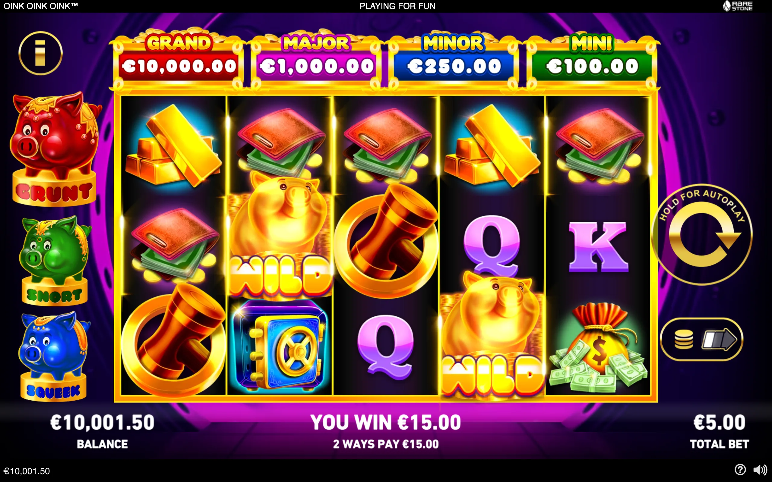 Colorful Oink Oink Oink slot interface with pig symbols, gold bars, cash, safes, WILD icons, jackpot meters, and a purple casino-style backdrop.