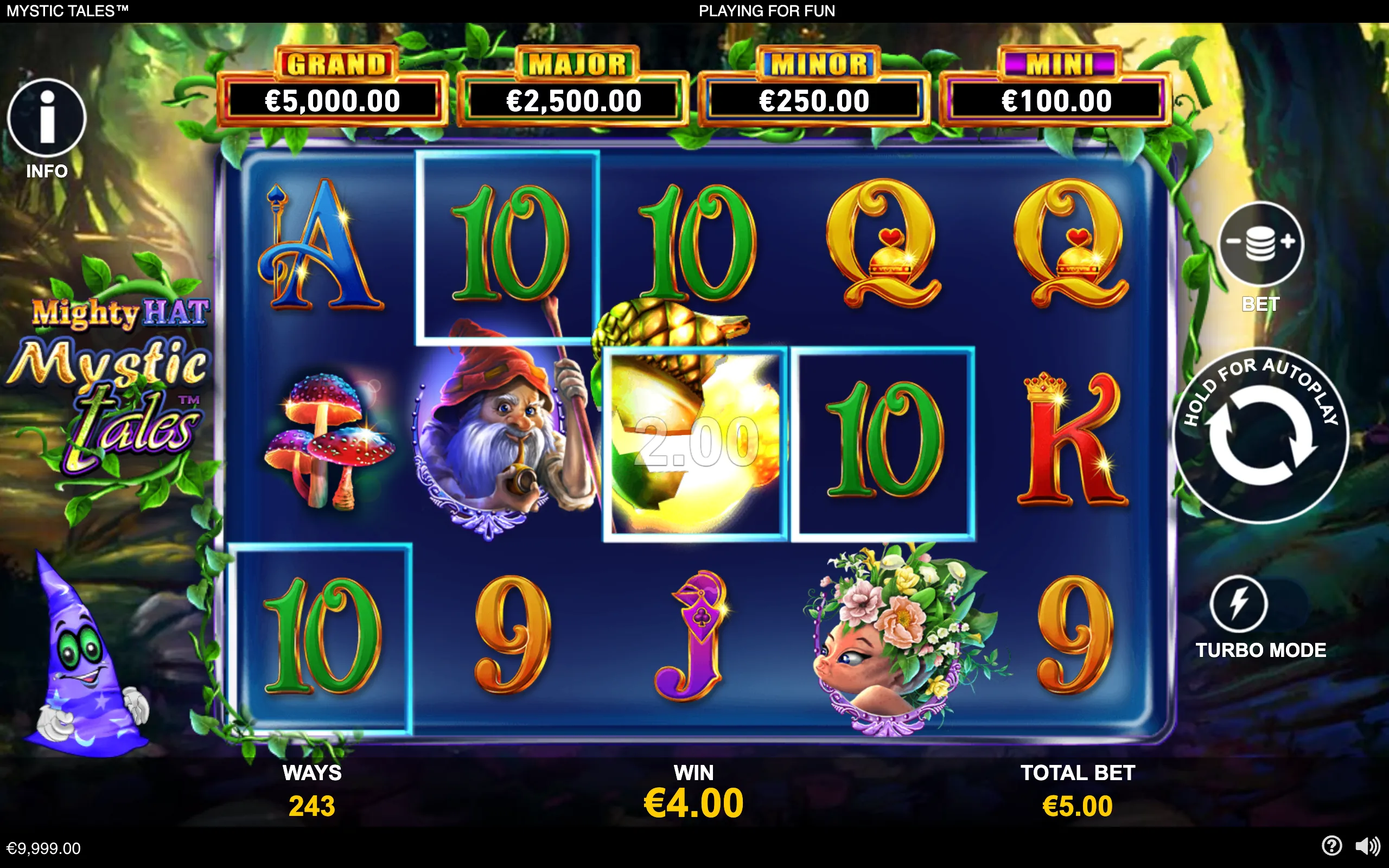 Mighty Hat Mystic Tales slot interface with a wizard, fairy, magical mushrooms, ornate card symbols, highlighted winning positions, and Grand, Major, Minor, and Mini jackpot values.