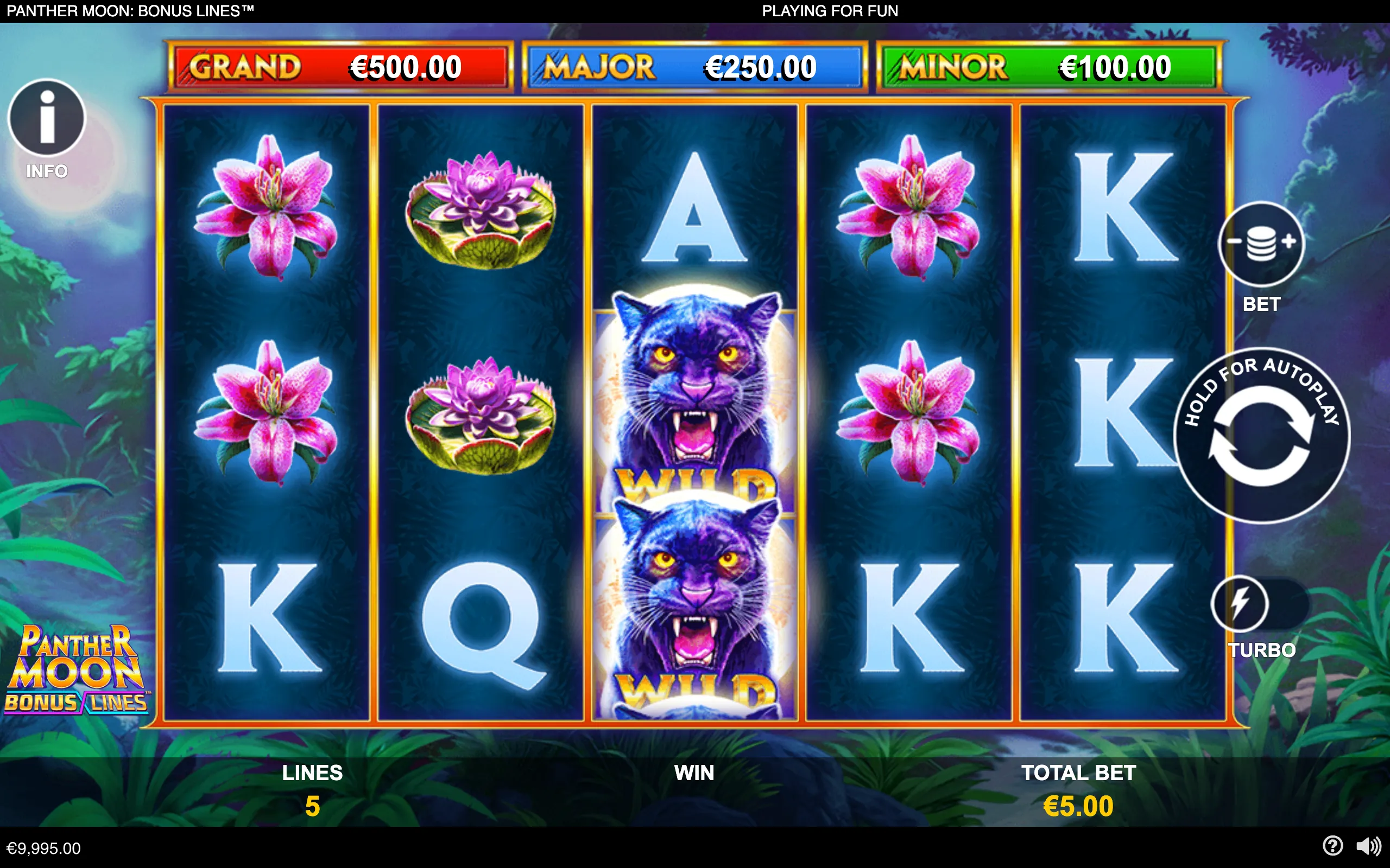 Panther Moon: Bonus Lines slot interface with a five-reel jungle-themed layout, purple panther wild symbols, pink flowers, lotus icons, card ranks, and Grand, Major, and Minor jackpot amounts.