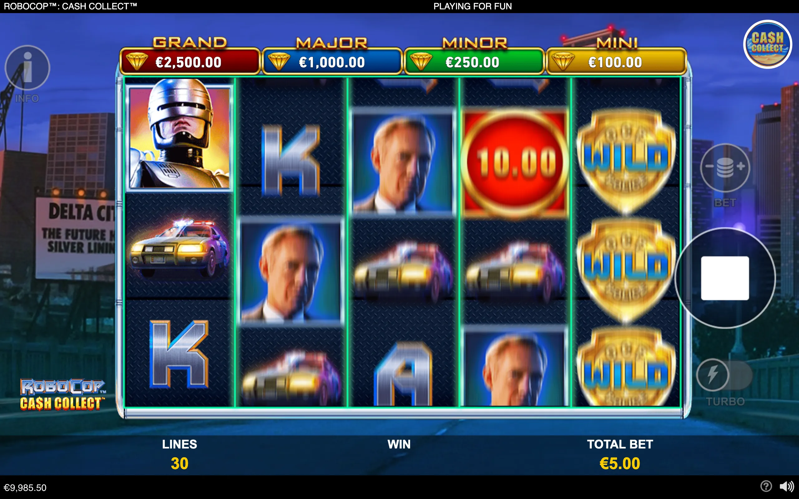 RoboCop slot interface with metallic reels featuring RoboCop, police cars, character portraits, card symbols, cash values, and multiple WILD symbols against a futuristic city backdrop.