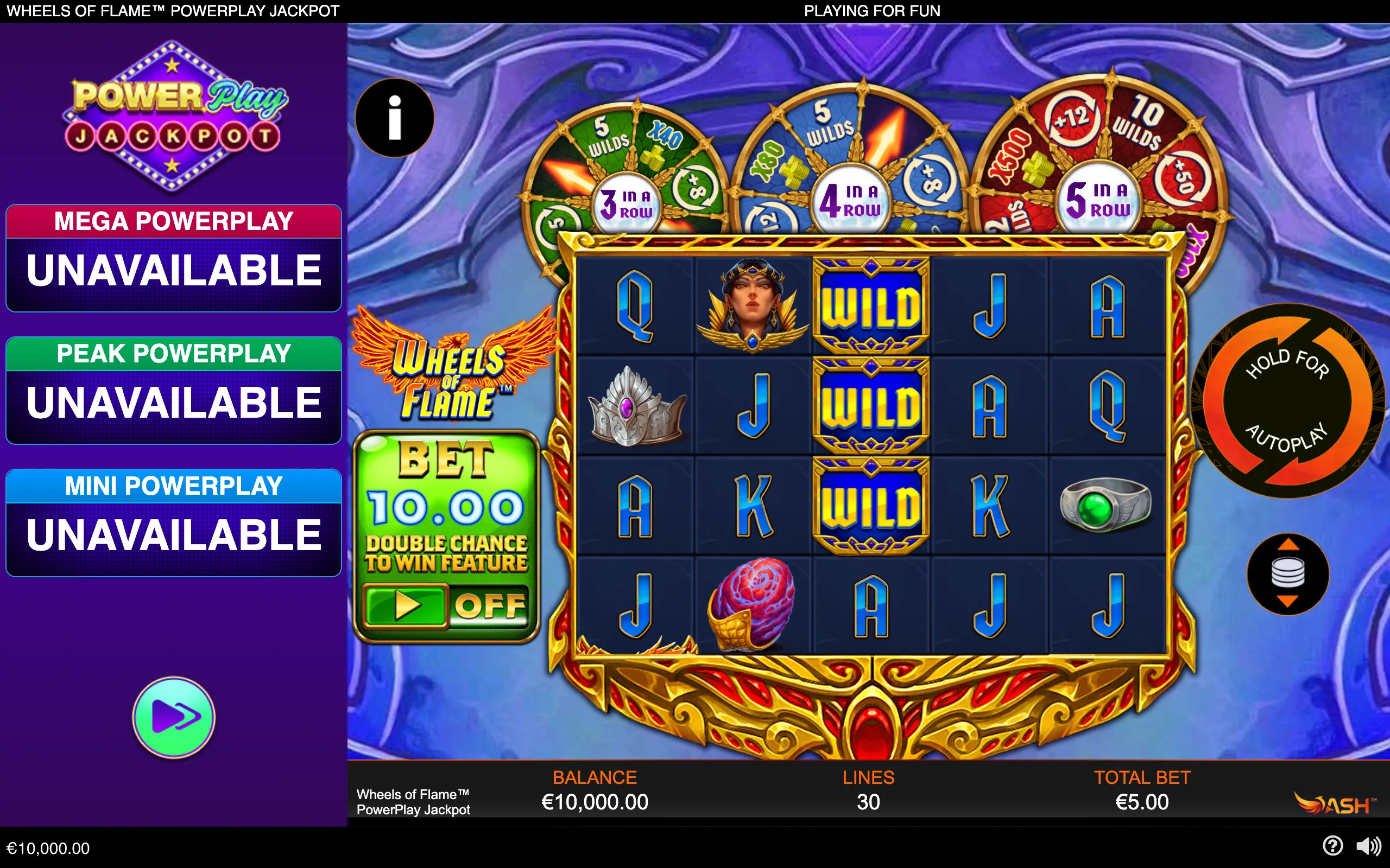 Wheels of Flame PowerPlay Jackpot slot interface with a four-row reel grid, stacked WILD symbols, jackpot wheels, flame-themed ornamentation, and purple-blue fantasy styling.