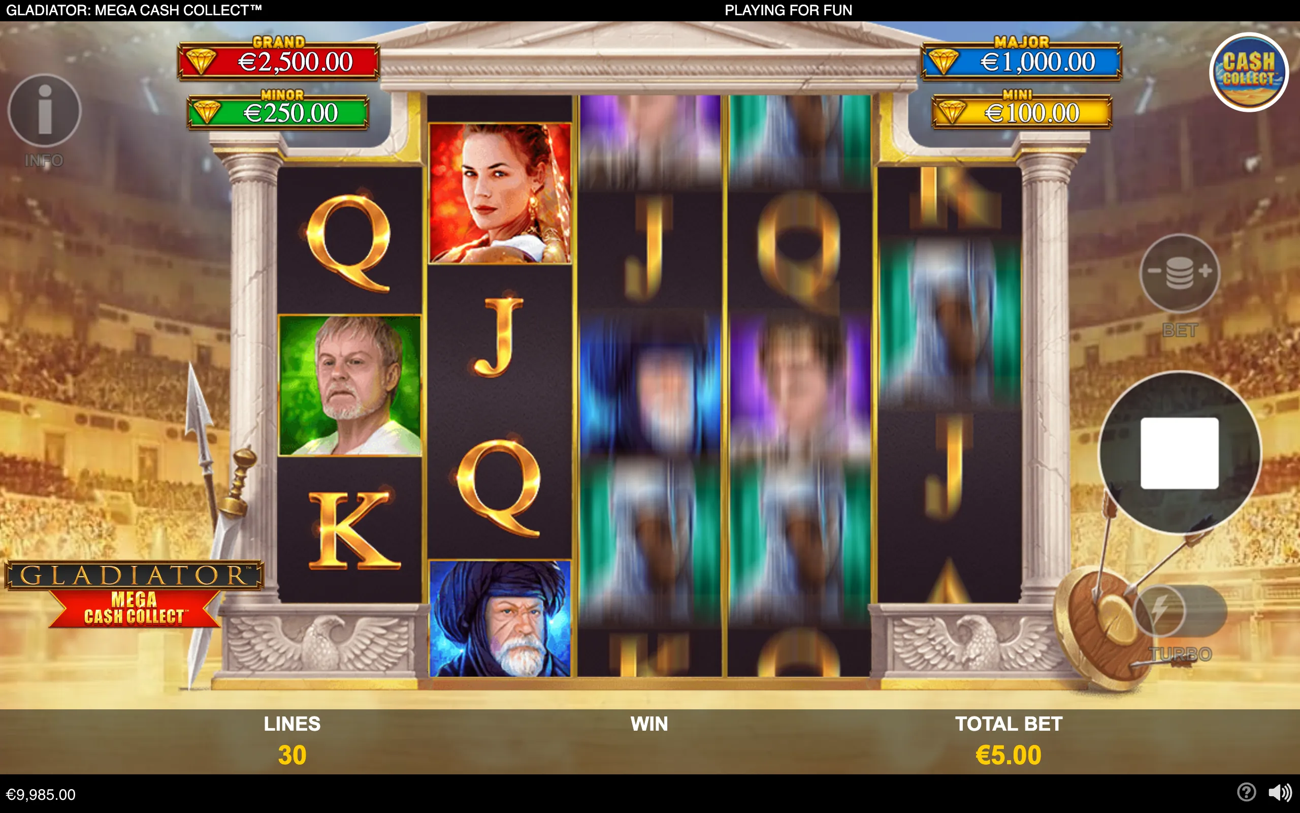 Gladiator-themed slot reels spin before a Roman arena, with character portraits, gold letter symbols, and Mini, Minor, Major, and Grand cash jackpot meters.