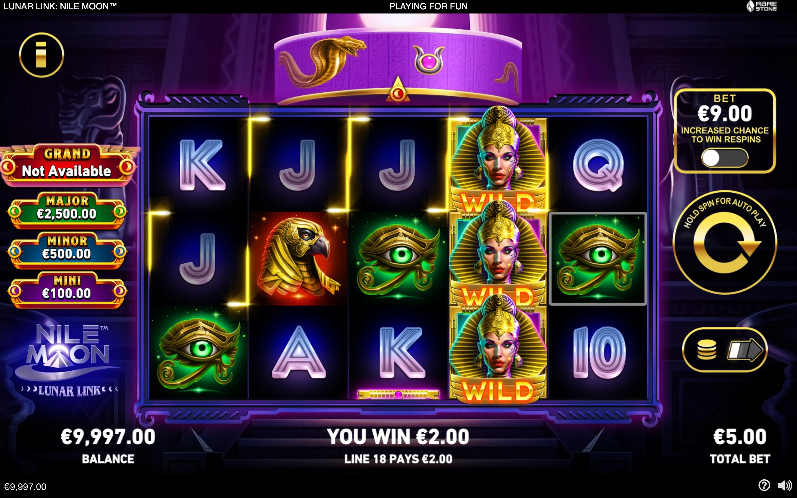 Lunar Link: Nile Moon slot interface featuring Egyptian queen wilds, Eye of Horus symbols, a golden cobra, card symbols, jackpot meters, and a purple moonlit temple backdrop.