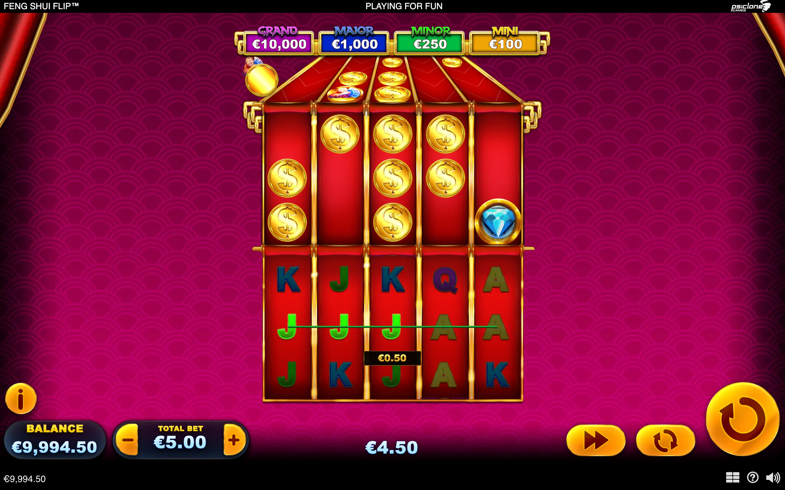 Feng Shui Flip slot game with red-and-gold reels, dollar coin symbols, a blue diamond, Chinese-inspired patterned backdrop, and Grand, Major, Minor, and Mini jackpot displays.