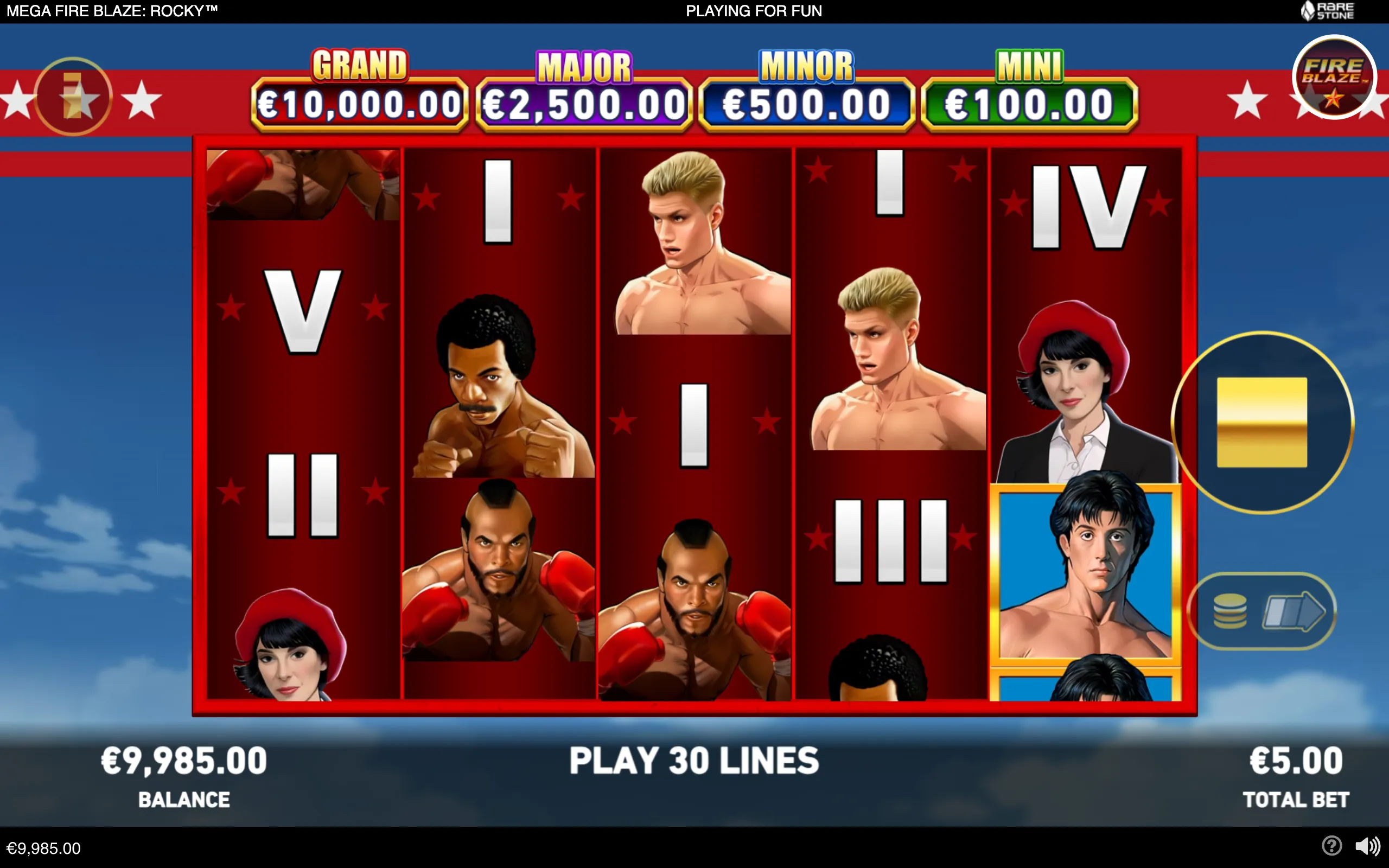 Mega Fire Blaze: Rocky slot reels featuring boxers, boxing-themed character portraits, Roman numeral symbols, and Grand, Major, Minor, and Mini jackpot panels.