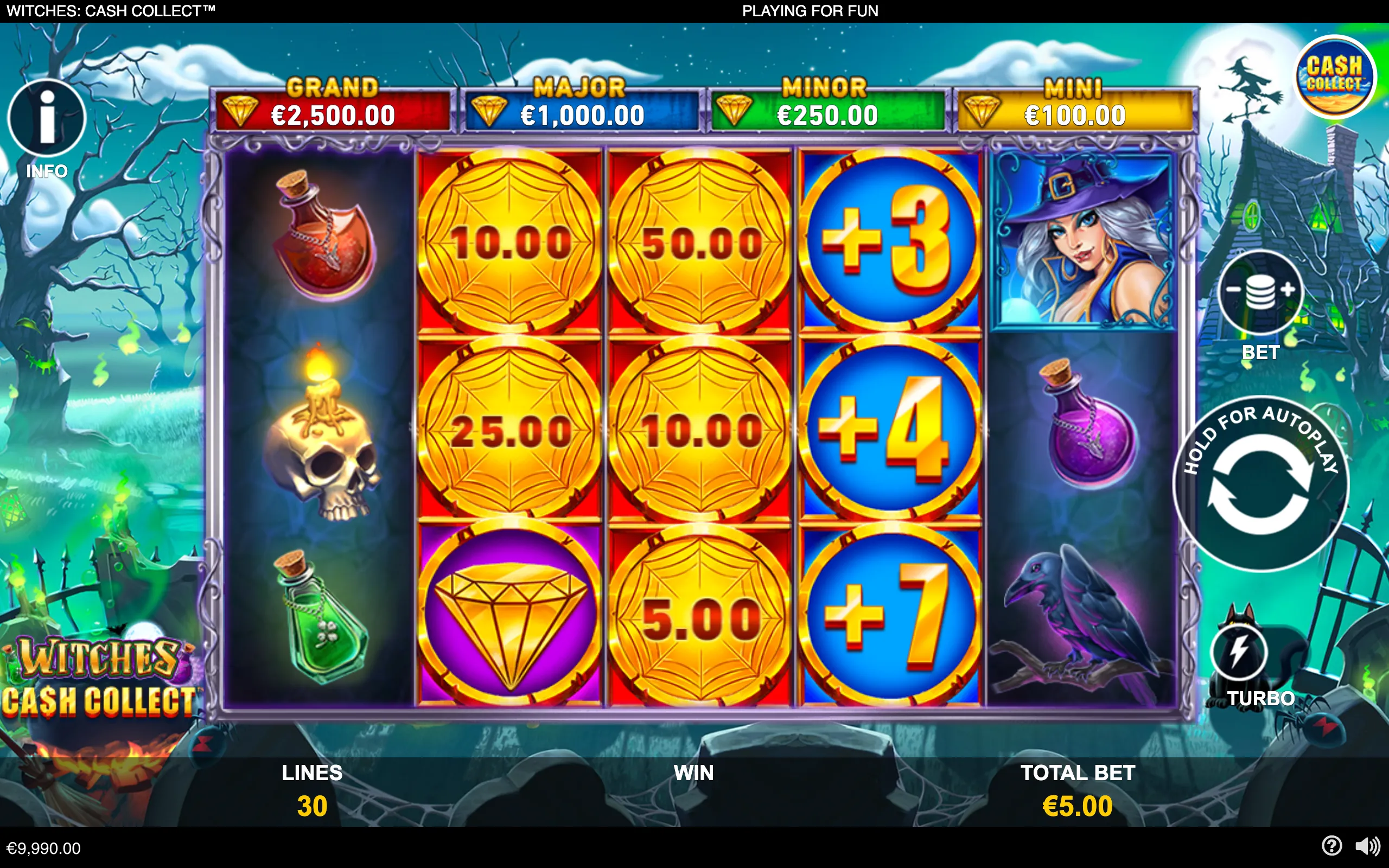 Witches Cash Collect slot interface with potion bottles, a witch, raven, skull candle, numbered cash symbols, plus-value icons, and Grand, Major, Minor, and Mini jackpot meters against a haunted forest backdrop.