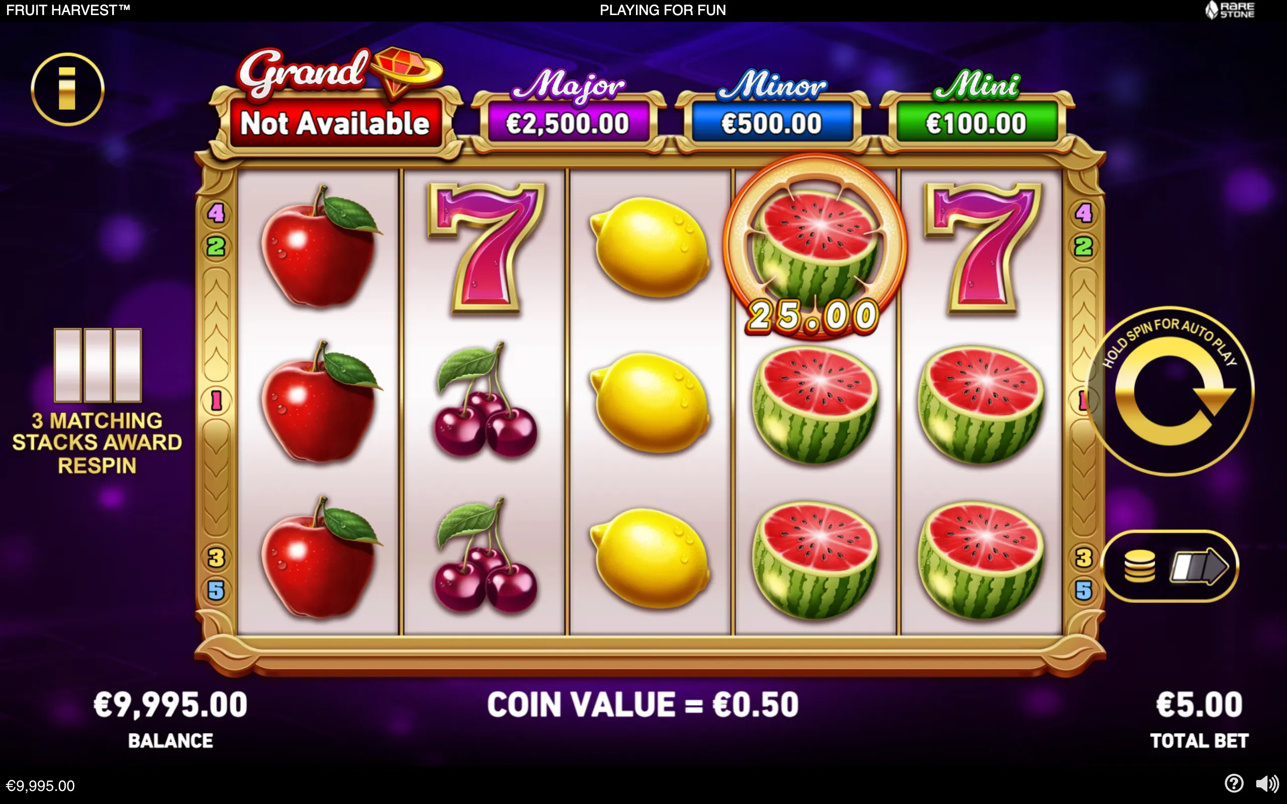 Fruit Harvest slot interface with stacked apples, cherries, lemons, watermelons, and sevens on five reels, plus jackpot meters and a €25.00 watermelon value.