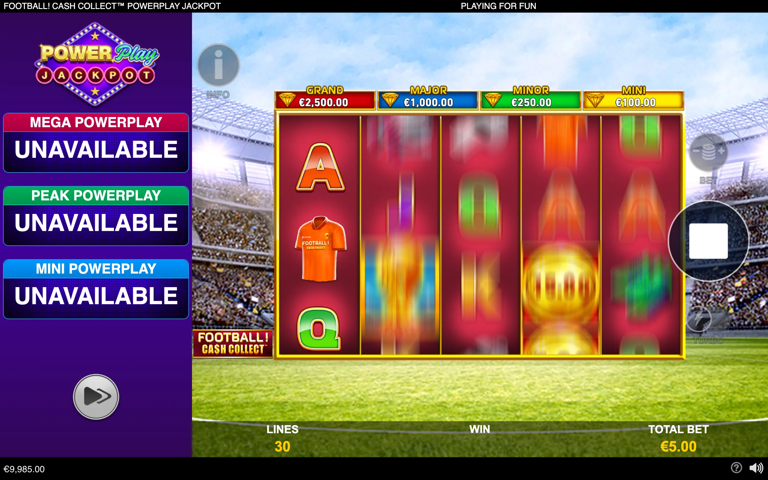Football-themed slot interface with spinning reels, an orange football jersey symbol, jackpot tiers from Grand €2,500 to Mini €100, and a stadium backdrop.
