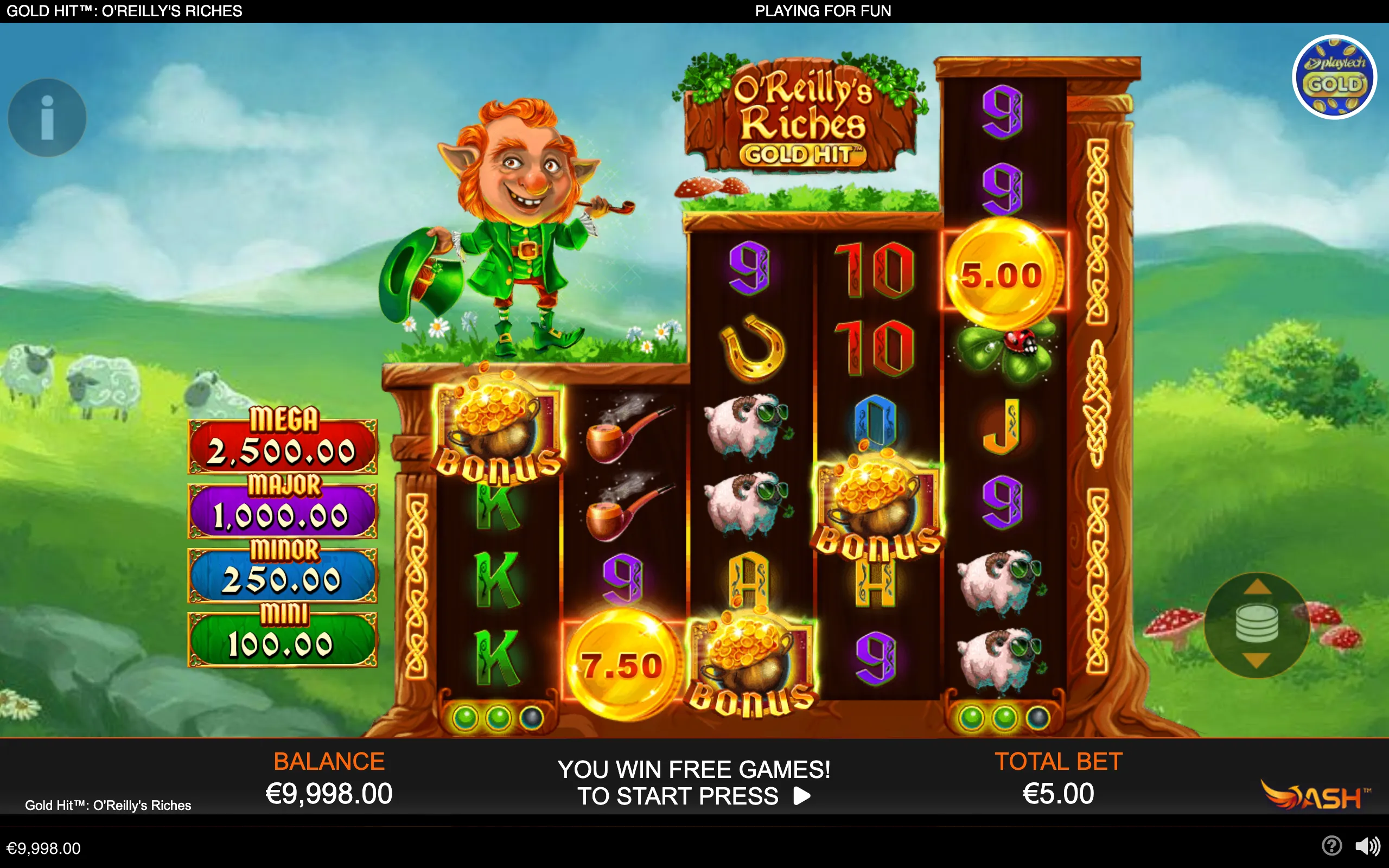 A cheerful leprechaun-themed slot with wooden reels, clovers, gold-filled bonus pots, value coins, sheep, horseshoes, pipes, and Mega-to-Mini jackpot tiers.