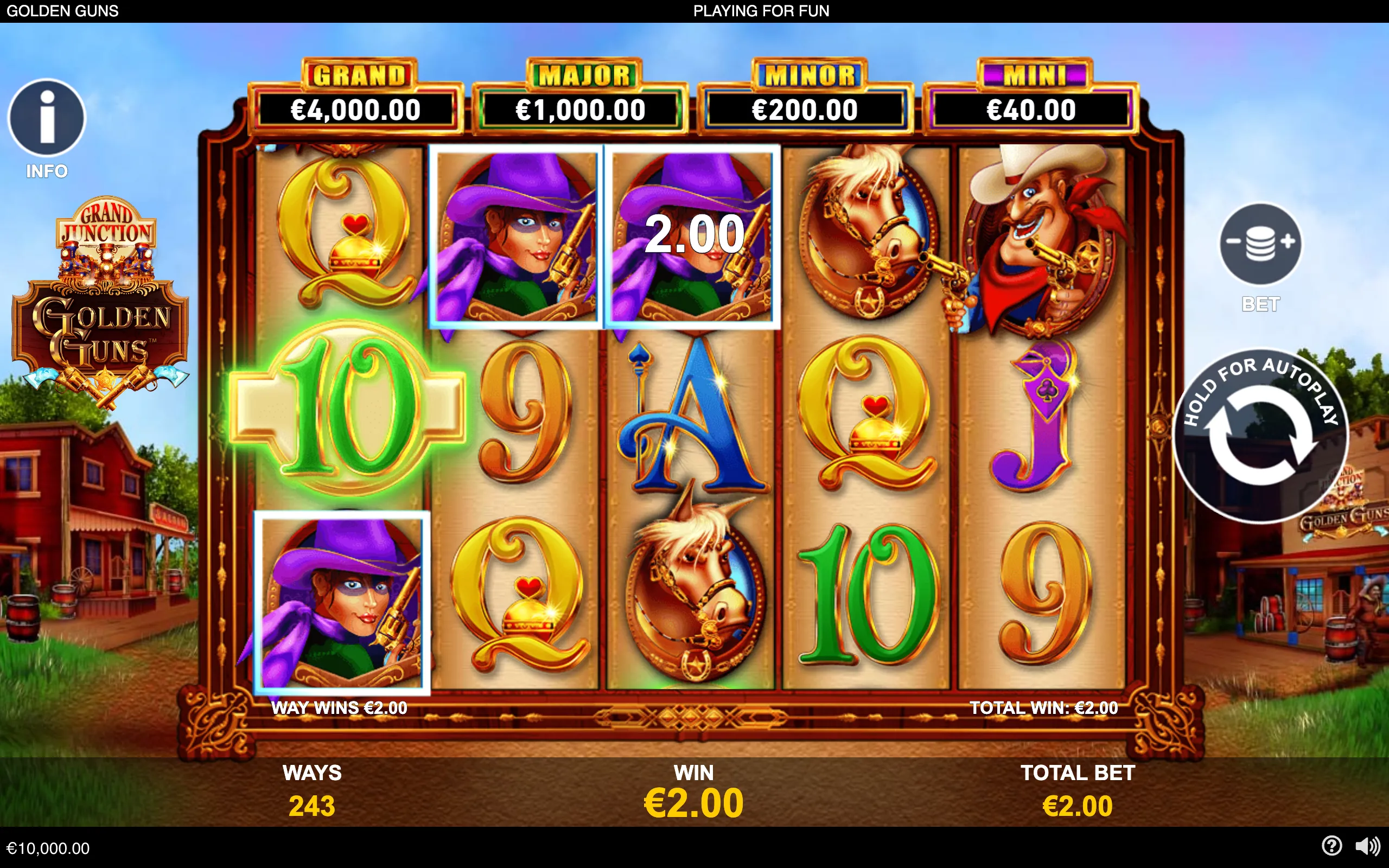 Grand Junction Golden Guns slot reels featuring masked gunslingers, cowboy characters, Western symbols, jackpot tiers, and a €2.00 win against a frontier town backdrop.