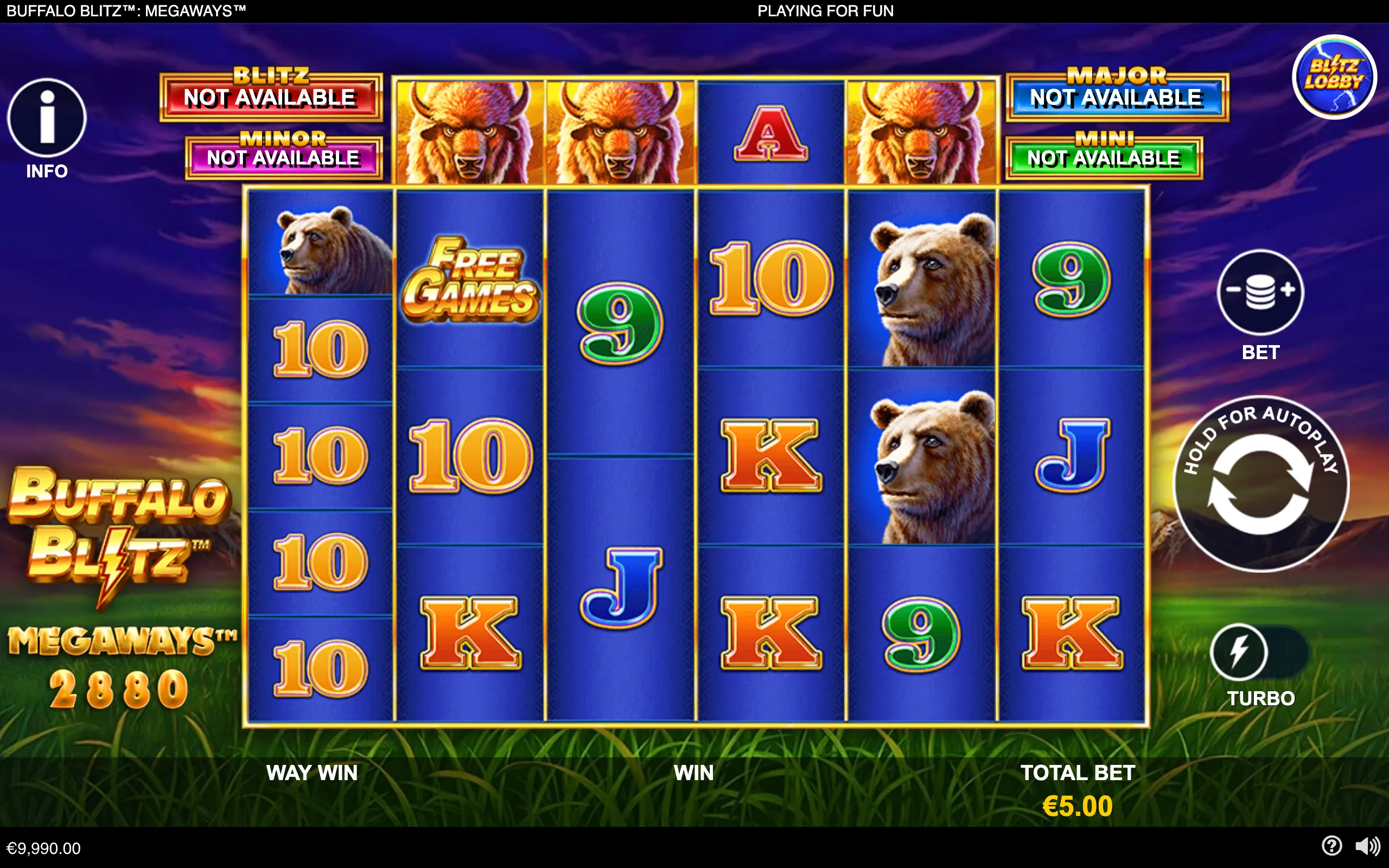 Buffalo Blitz Megaways slot interface with buffalo and bear symbols, oversized playing-card icons, a Free Games symbol, jackpot labels, and a dramatic sunset wilderness backdrop.