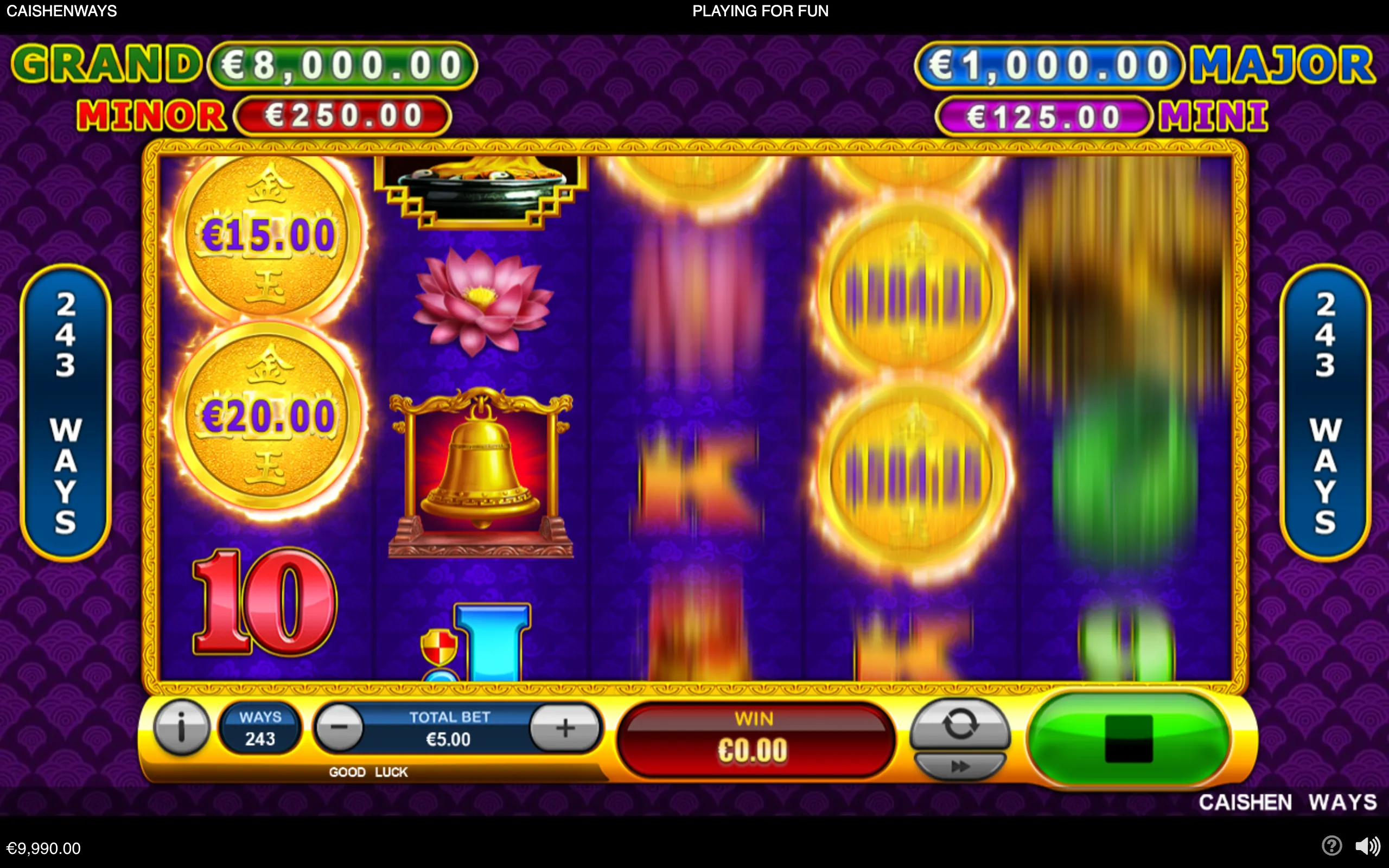 Caishen Ways slot interface with gold cash-value coins, a pink lotus, ceremonial bell, Chinese-inspired purple patterns, and Grand, Major, Minor, and Mini jackpot meters.