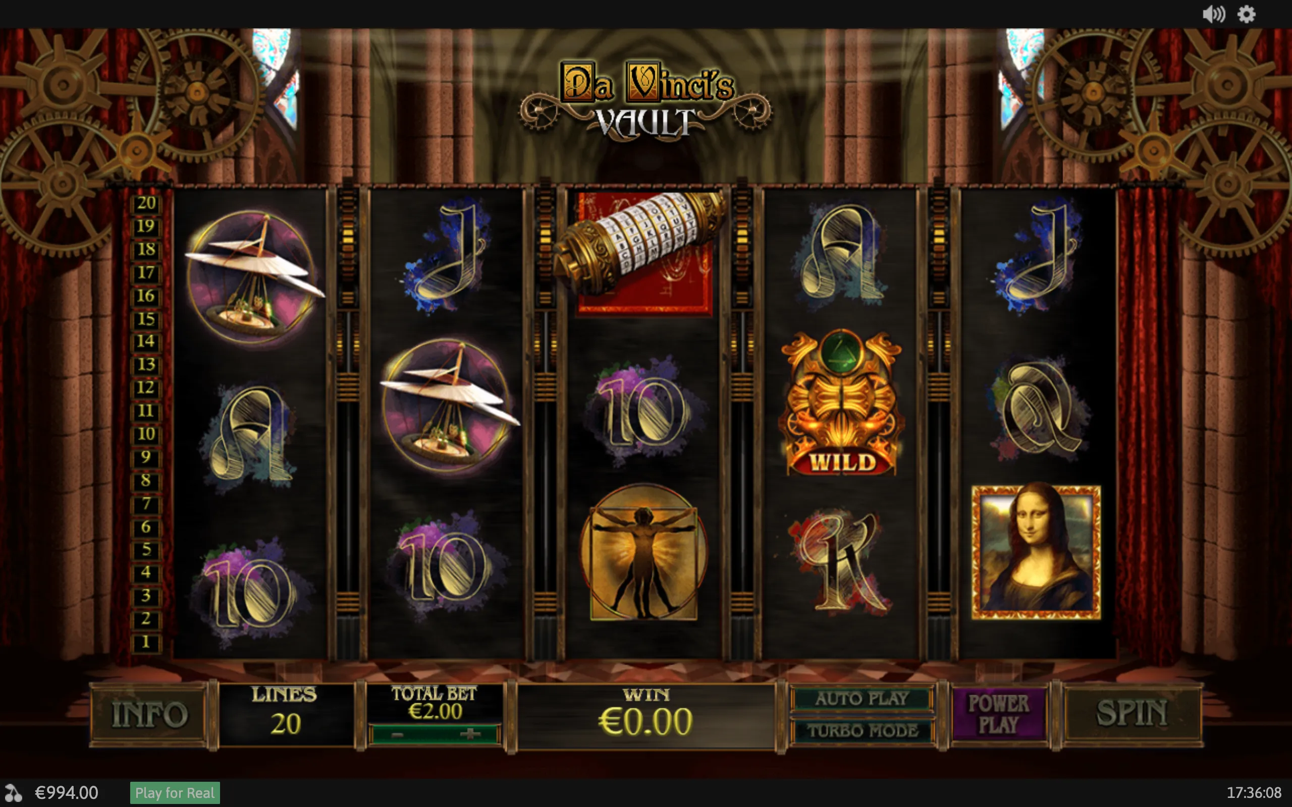 Da Vinci's Vault slot interface with ornate gears, dark Renaissance architecture, Leonardo da Vinci symbols, a golden scarab wild, and five reels.