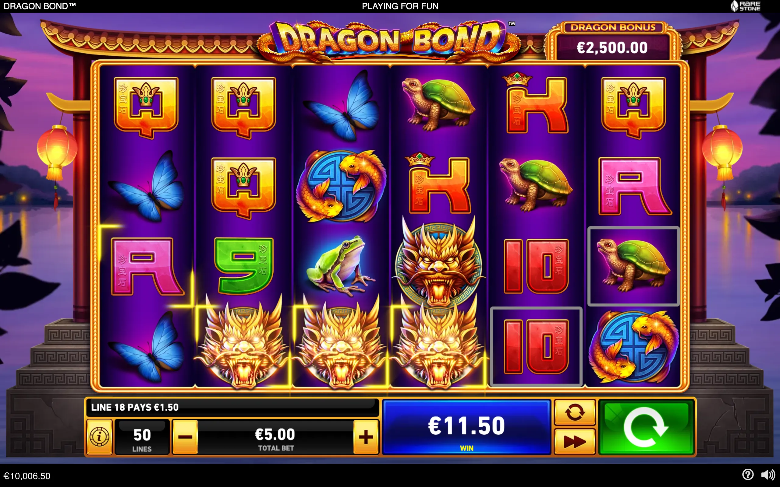 Dragon Bond slot interface with ornate Chinese architecture, purple reels, dragon-head symbols, butterflies, turtles, frogs, koi fish, and a €2,500 Dragon Bonus display.