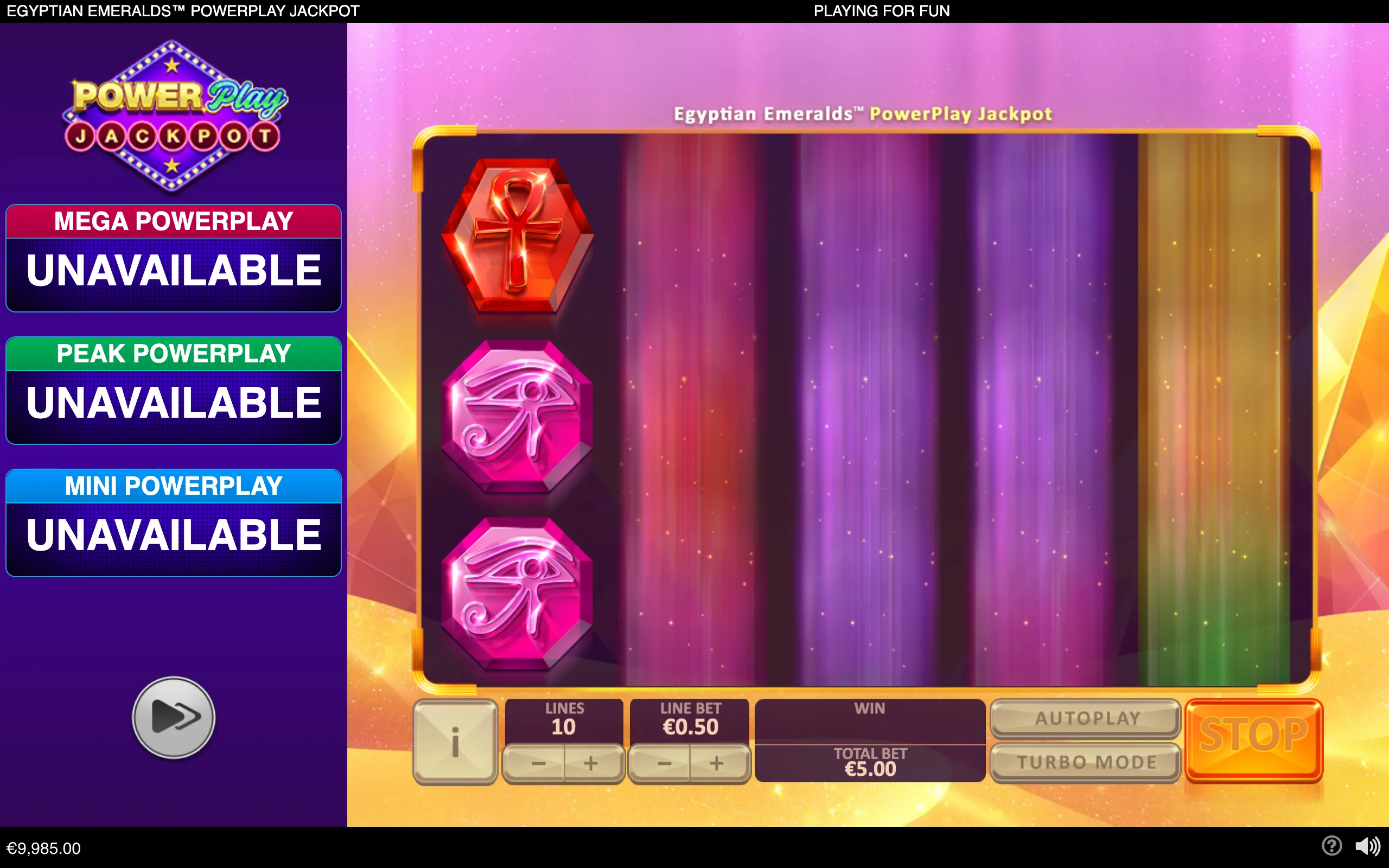 Egyptian Emeralds PowerPlay Jackpot slot interface with glowing ankh symbols on purple reels, colorful gemstone styling, and jackpot tier panels.