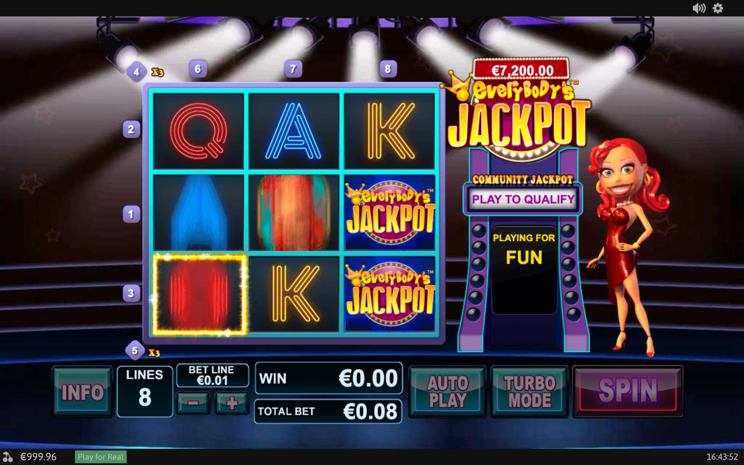 Everybody's Jackpot slot interface with neon Q, A and K symbols, jackpot logo reels, a red-haired showgirl, and a €7,200 community jackpot banner under theatrical spotlights.