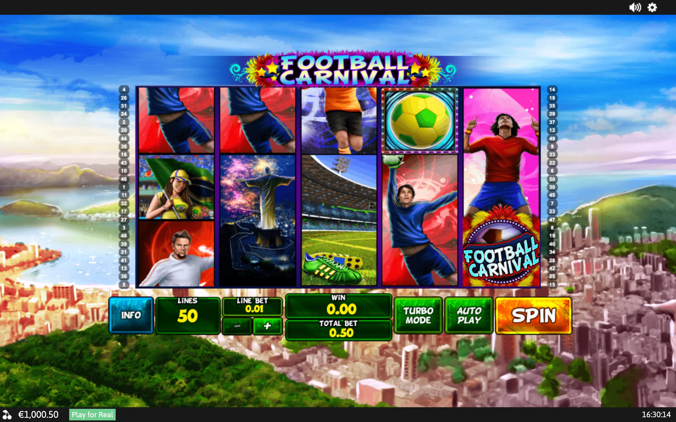 Football Carnival slot game interface with five reels featuring football players, a soccer ball, stadium scenes, fans, and a colorful carnival-style title against a scenic coastal city backdrop.