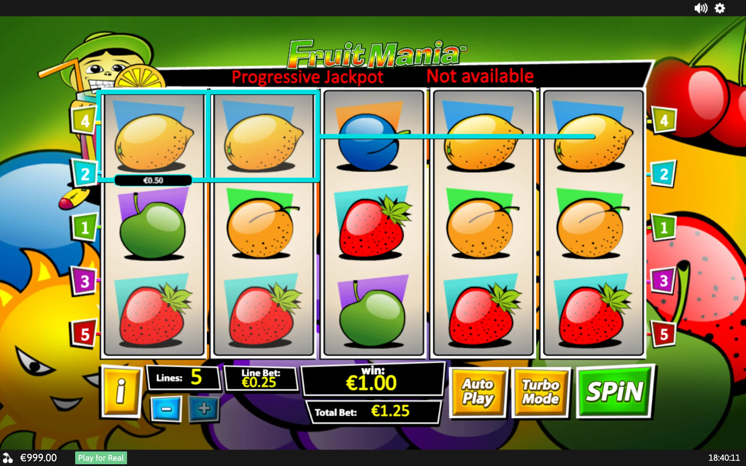 Fruit Mania slot interface with five reels of lemons, oranges, strawberries, apples, and blueberries, colorful fruit-themed artwork, highlighted paylines, and a displayed €1.00 win.