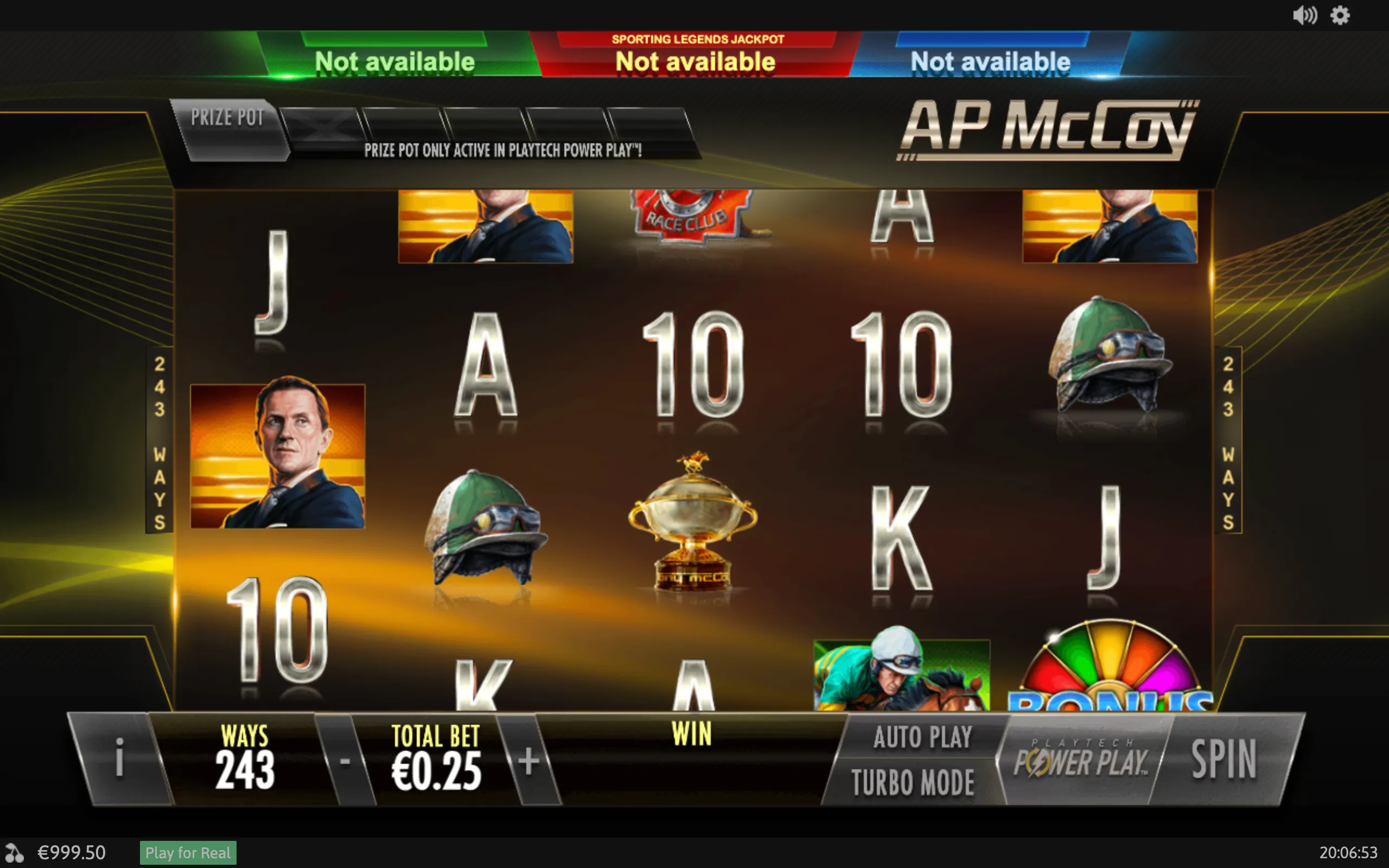 AP McCoy slot game interface with horse-racing symbols, jockey helmets, a trophy, bonus wheel and 243-ways reels in a dark gold and black design.
