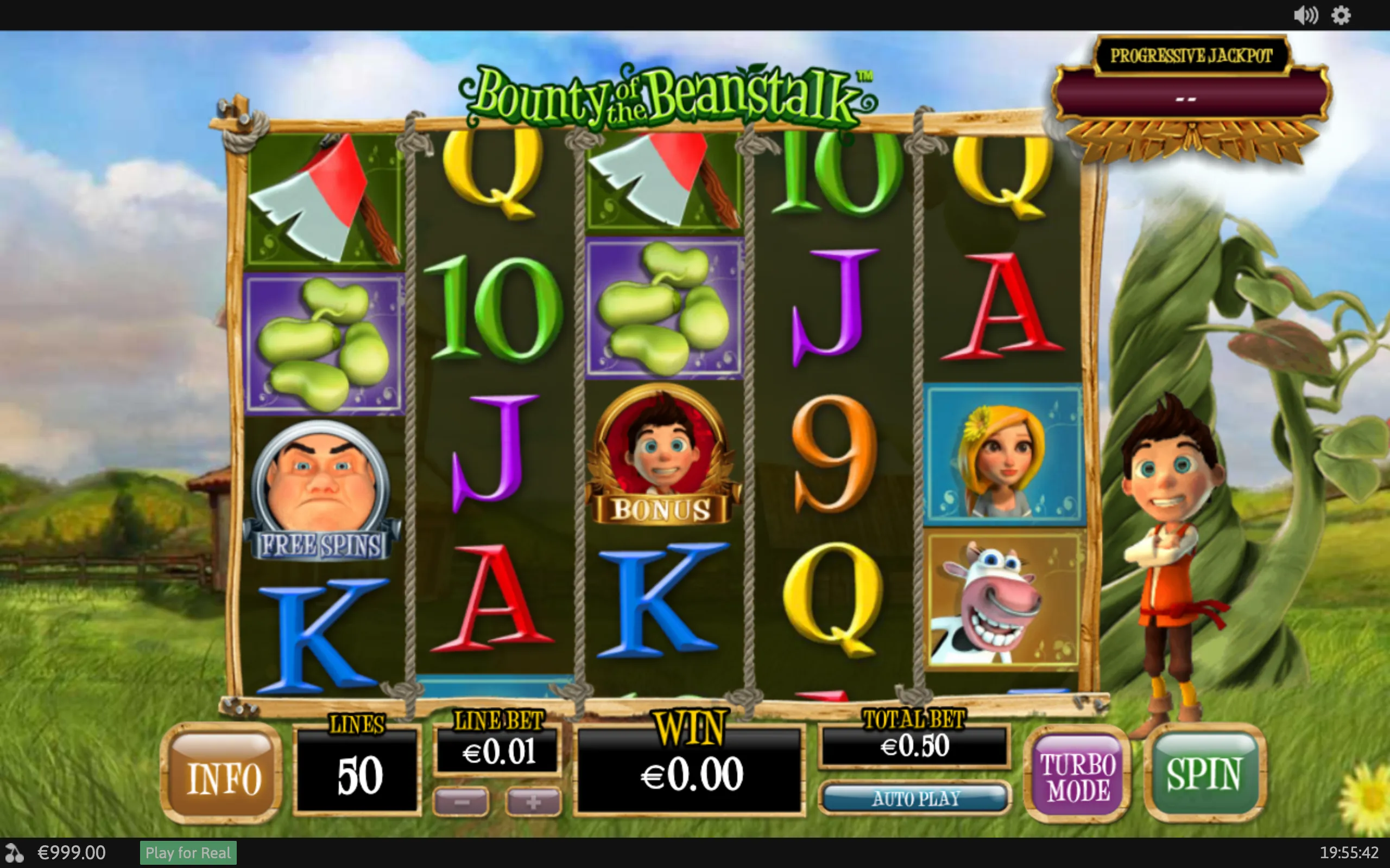 Bounty of the Beanstalk slot interface with five reels, fantasy characters, bean symbols, playing-card icons, a Bonus symbol, Free Spins symbol, and a giant beanstalk countryside backdrop.