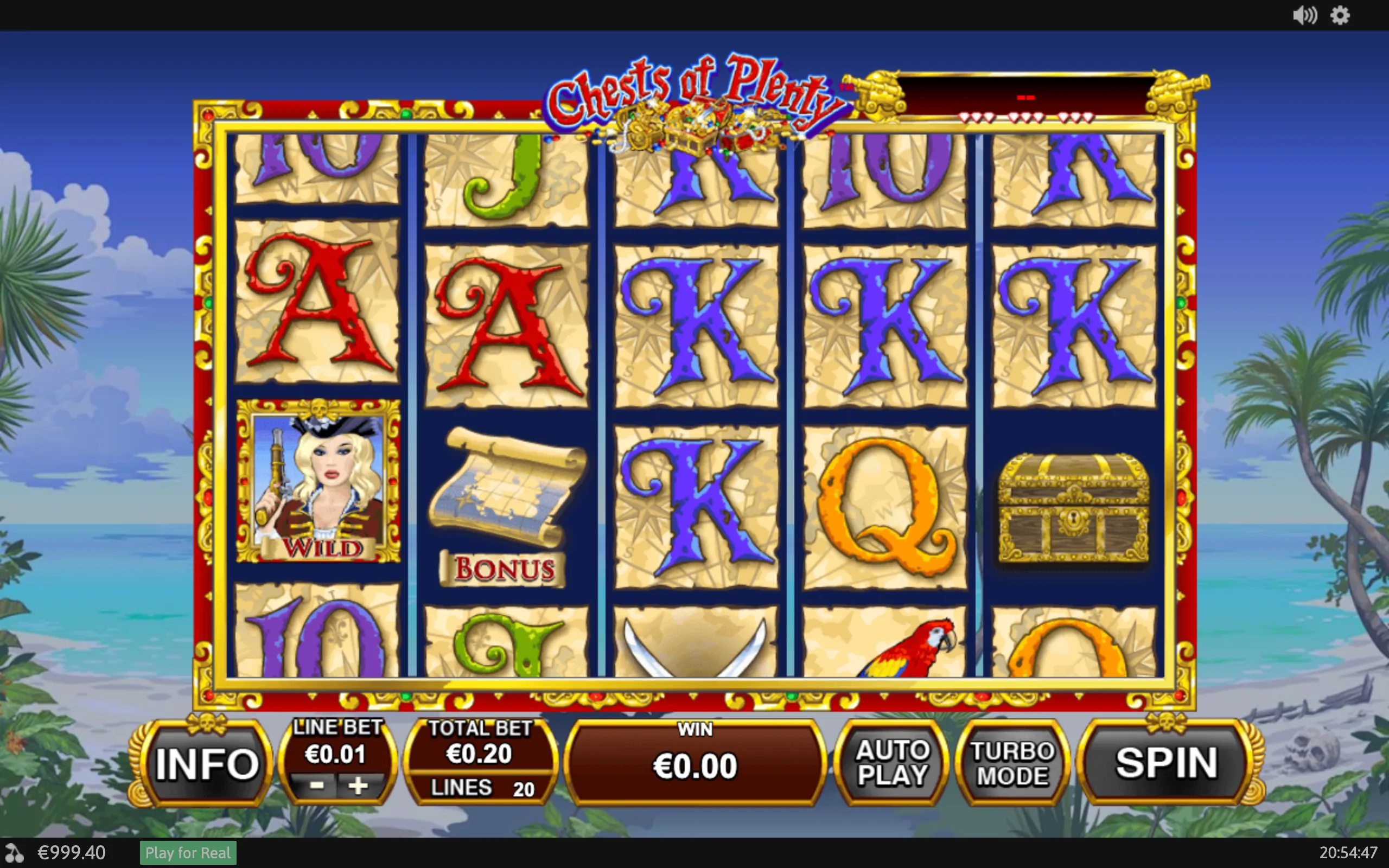 Chests of Plenty slot interface with five reels, treasure-map symbol backgrounds, a blonde pirate wild character, bonus map, treasure chest, parrot, and tropical island scenery.