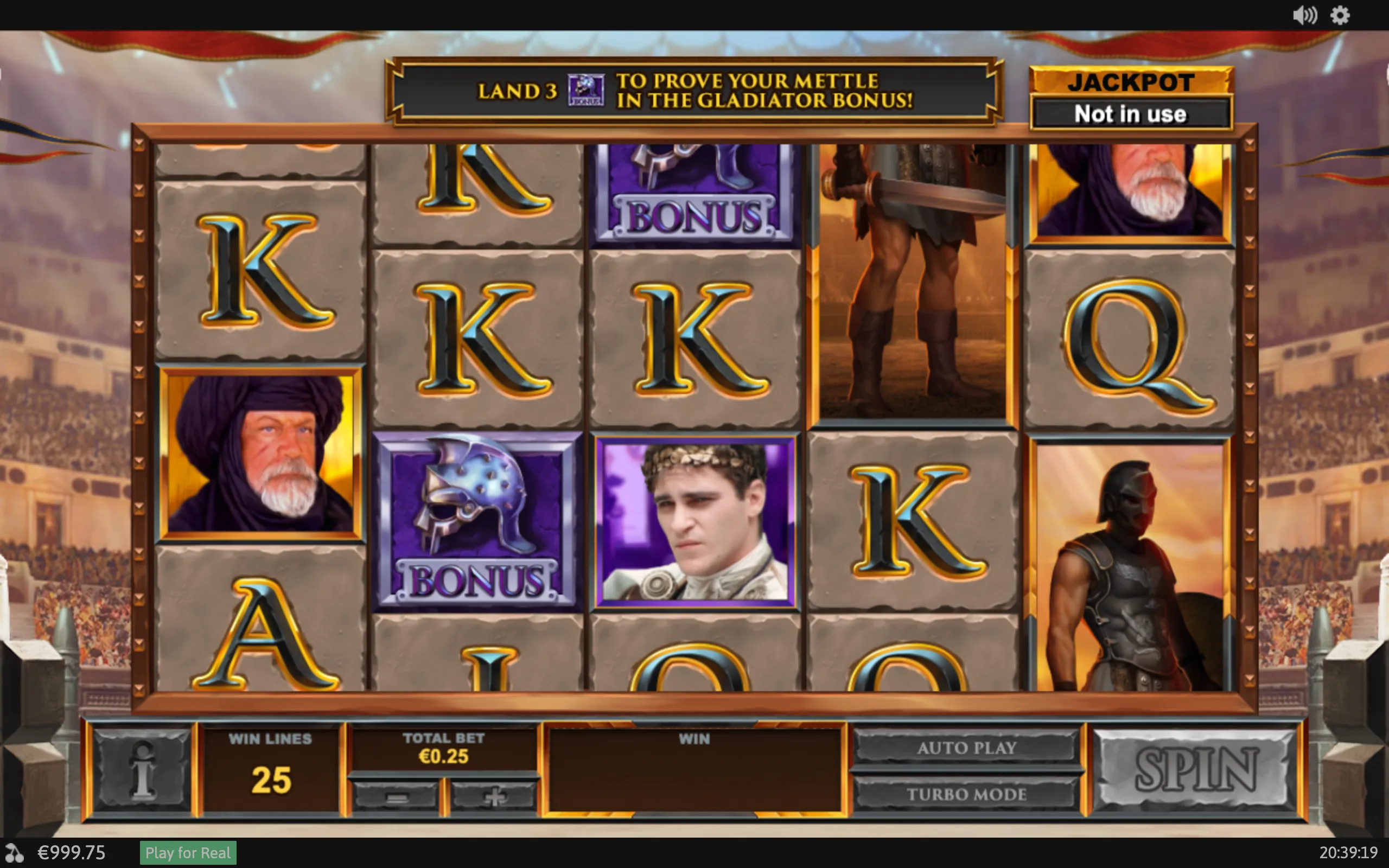 Gladiator-themed slot reels display Roman arena symbols, armored fighters, character portraits, letter symbols, and purple bonus helmet icons against a crowded coliseum backdrop.
