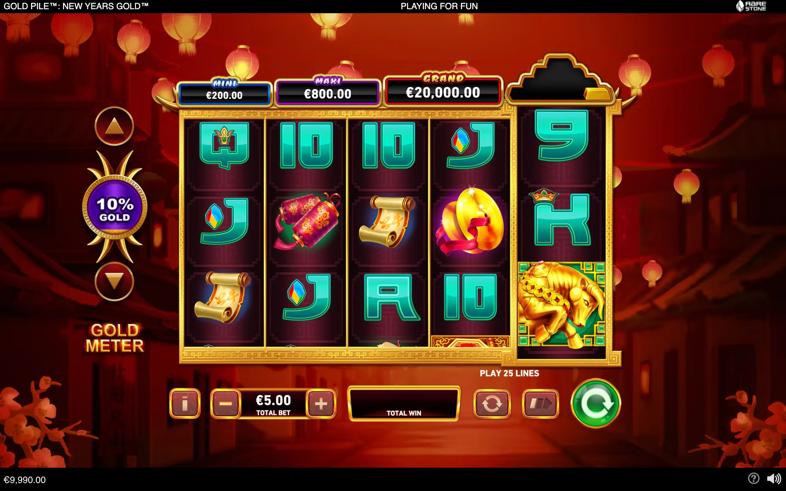 Chinese New Year-themed slot interface with glowing red lanterns, gold trim, turquoise letter symbols, scrolls, firecrackers, a golden lucky cat, jackpot tiers, and a 10% gold meter.