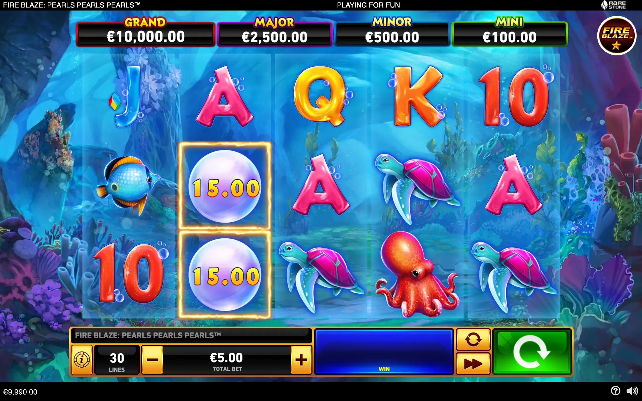 Colorful underwater slot reels featuring fish, turtles, an octopus, card symbols, glowing pearls valued at 15.00, and Grand, Major, Minor, and Mini jackpot meters.