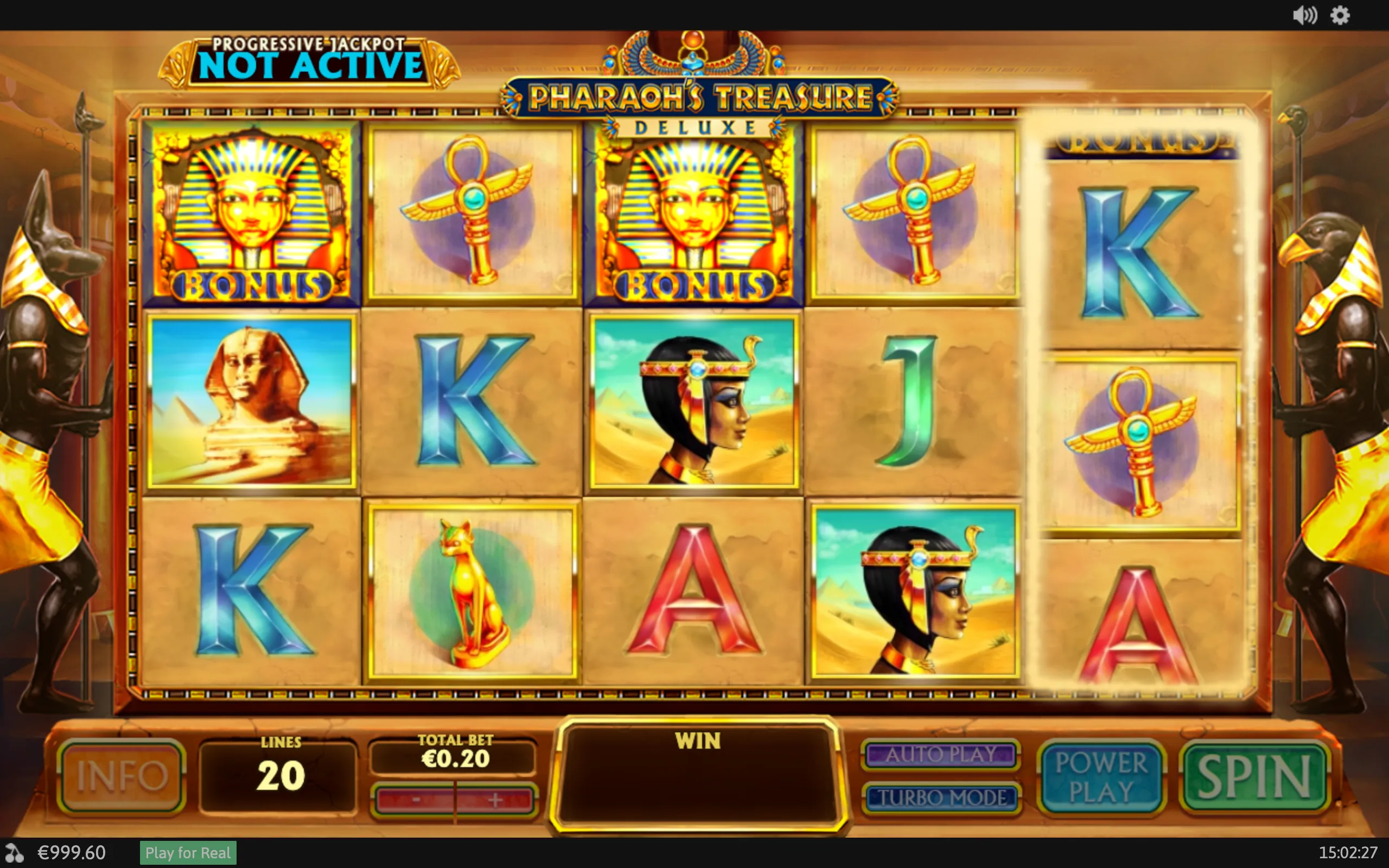 Pharaoh's Treasure Deluxe slot reels display Egyptian pharaohs, winged ankhs, a sphinx, Cleopatra, a cat statue, and colorful card symbols inside a gold temple setting.