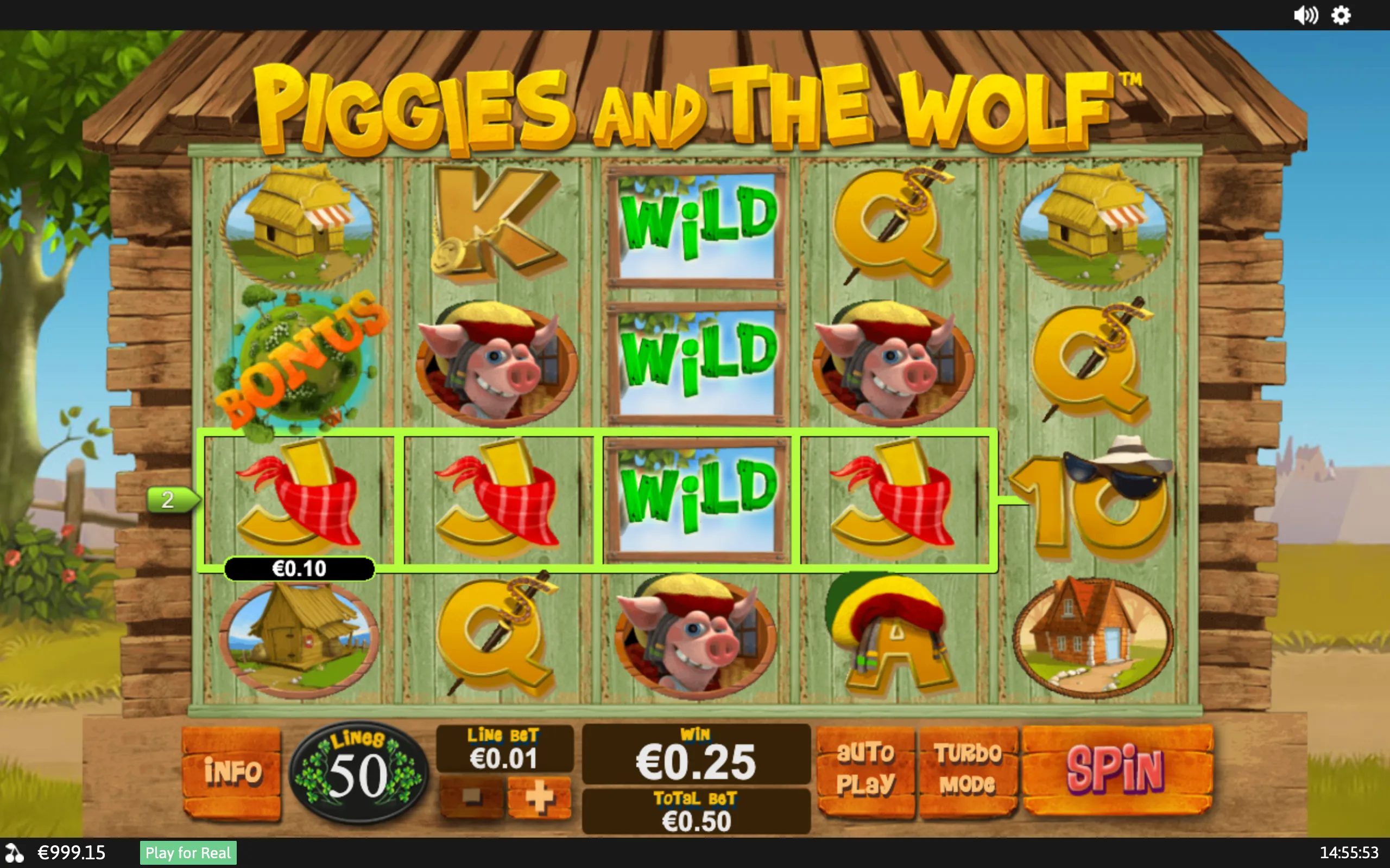 Cartoon slot game reels featuring smiling Viking-style pigs, rustic farmhouses, countryside scenery, large gold letters, and green WILD symbols.