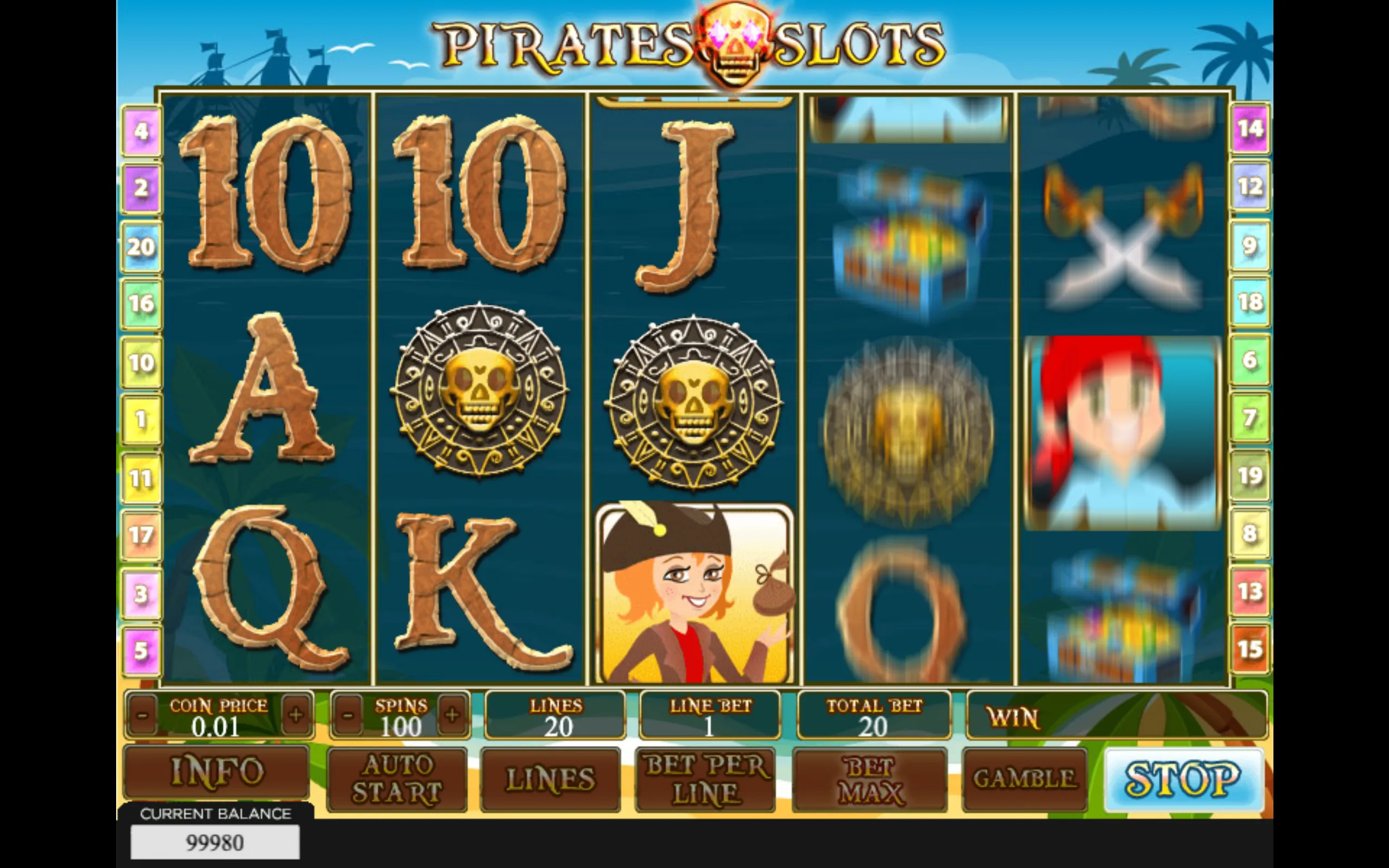 Pirates Slots interface with five reels, pirate skull medallions, a cartoon pirate woman, crossed cutlasses, treasure chests, and large wooden-style letter symbols against a tropical sea backdrop.