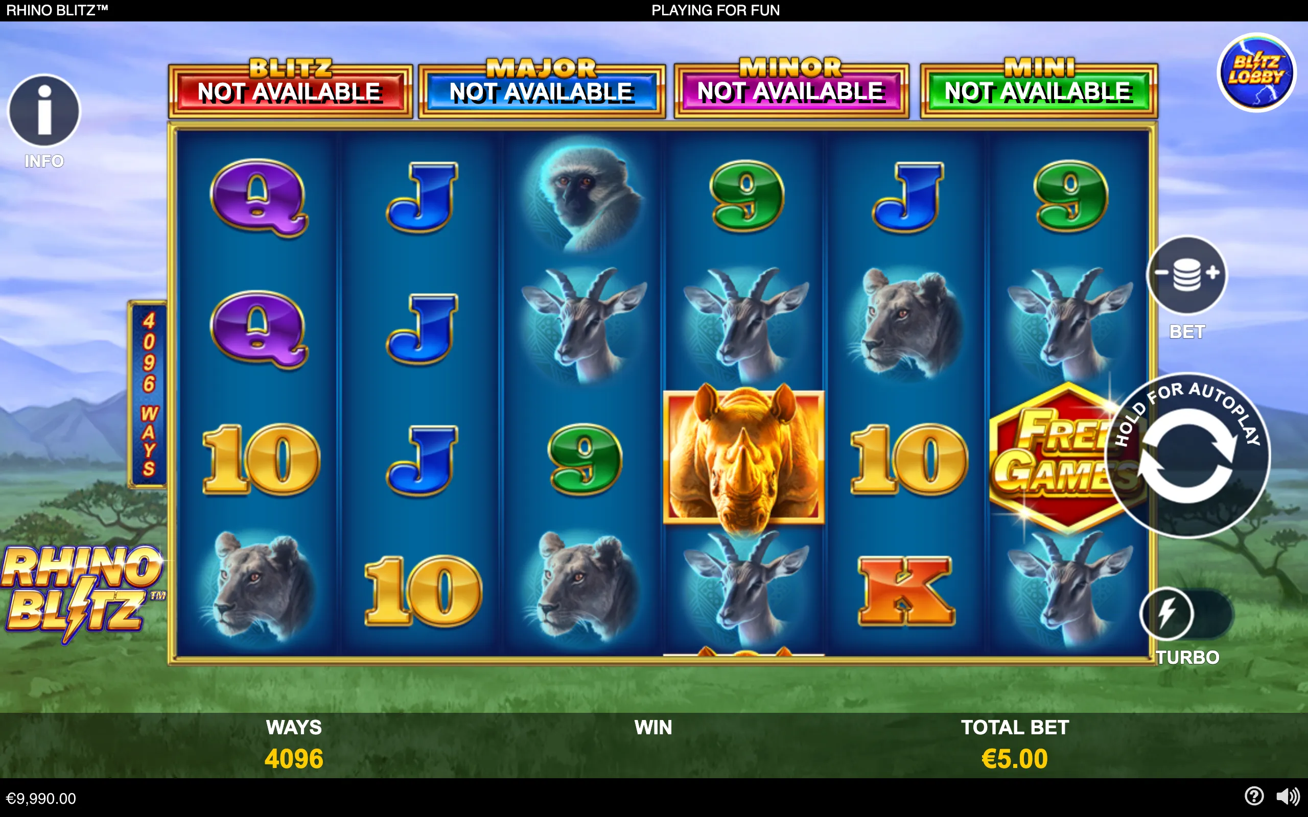 Rhino Blitz slot interface featuring rhinoceros, giraffe, monkey, and lion symbols across blue reels, with African savanna scenery and jackpot panels above.