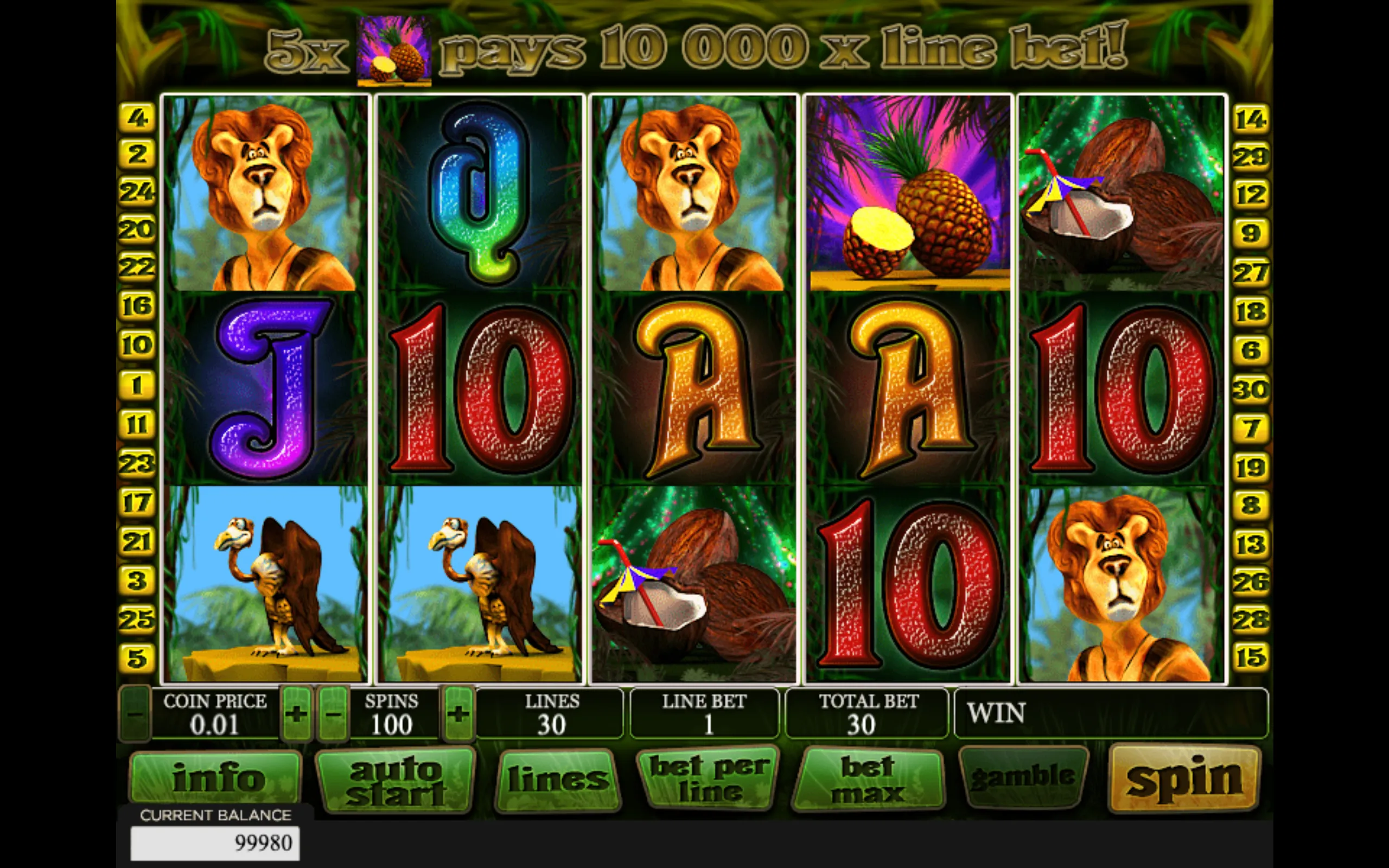 Jungle-themed slot reels featuring a lion, eagle, coconuts, colorful card symbols, and a banner advertising a 10,000x line-bet payout.