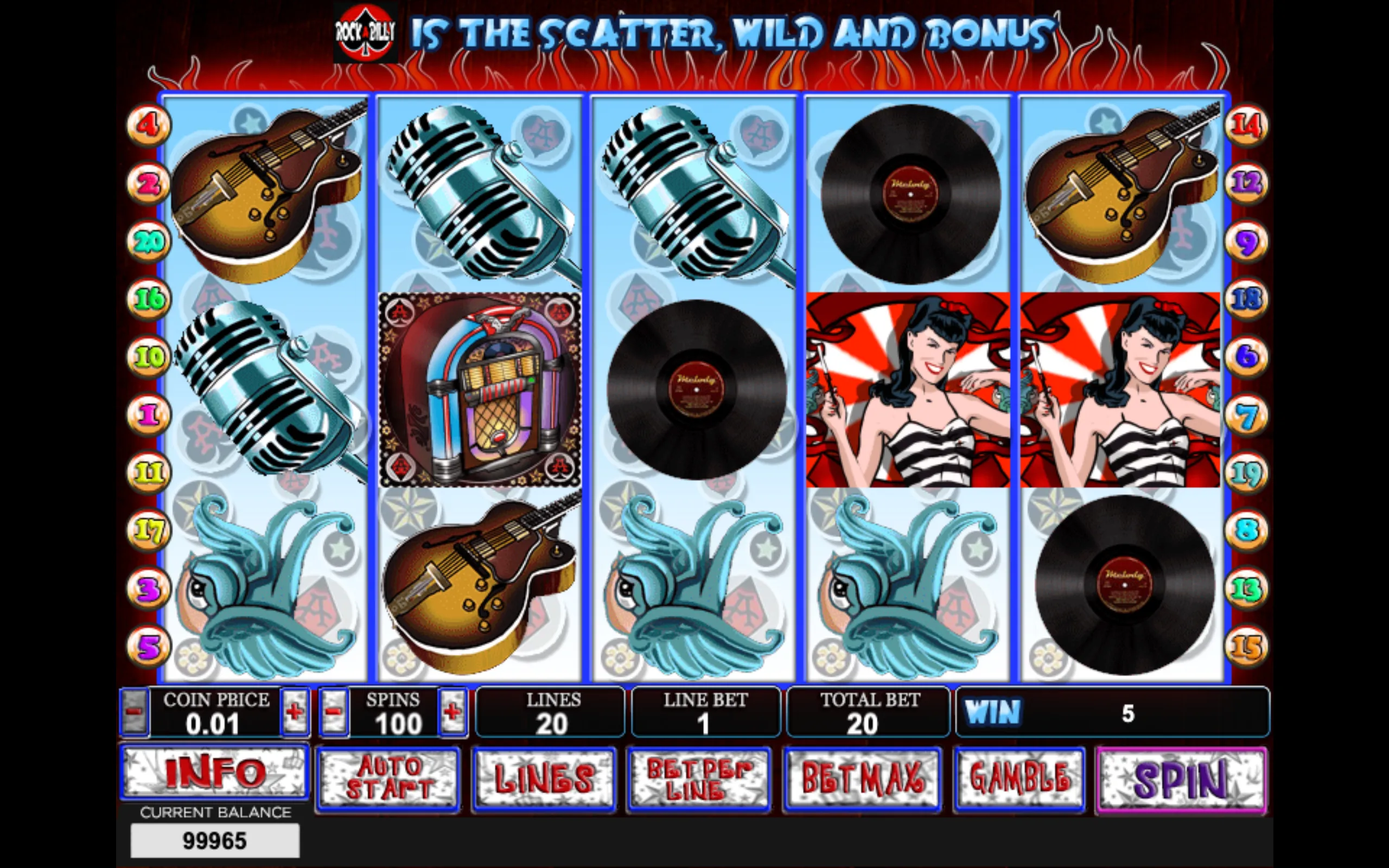Rockabilly slot reels featuring electric guitars, vintage microphones, vinyl records, a jukebox, a retro singer, and blue cartoon musical notes against a red flame backdrop.