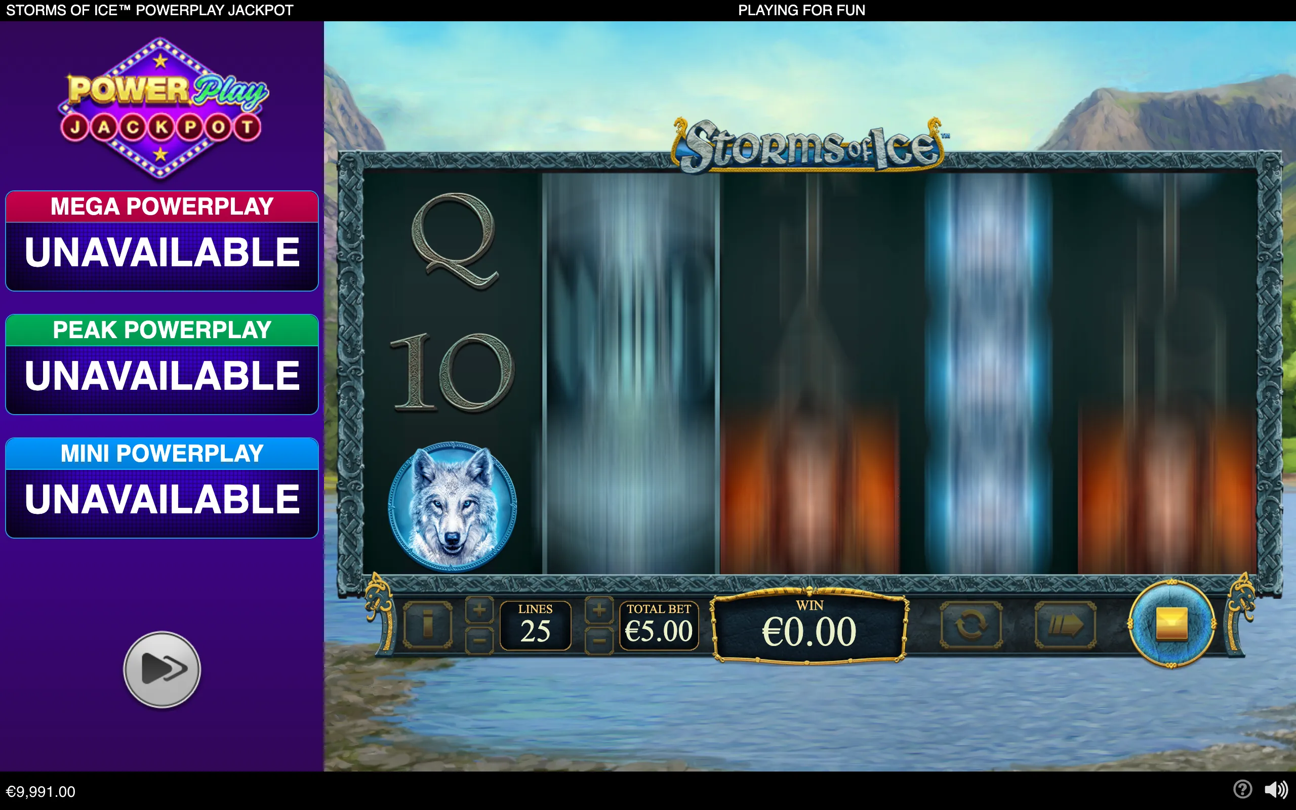 Storms of Ice slot interface with icy mountains, a wolf symbol, blurred reels, Nordic knotwork, and PowerPlay Jackpot tier panels.