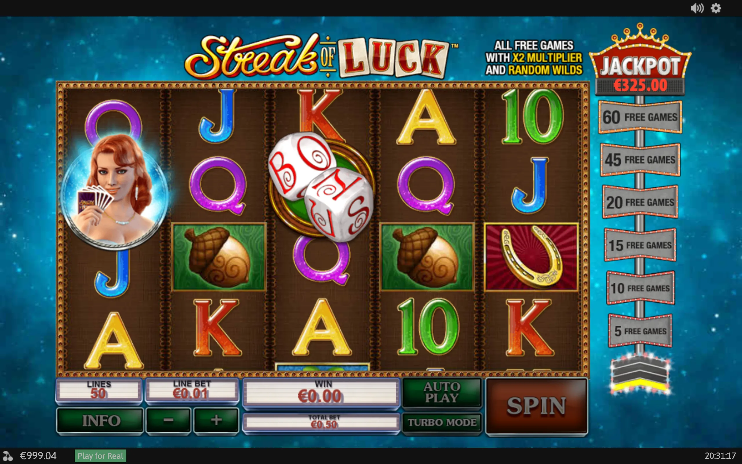 Streak of Luck slot machine with colorful letter symbols, lucky dice, a horseshoe, a red-haired woman holding cards, and a free-games jackpot ladder.