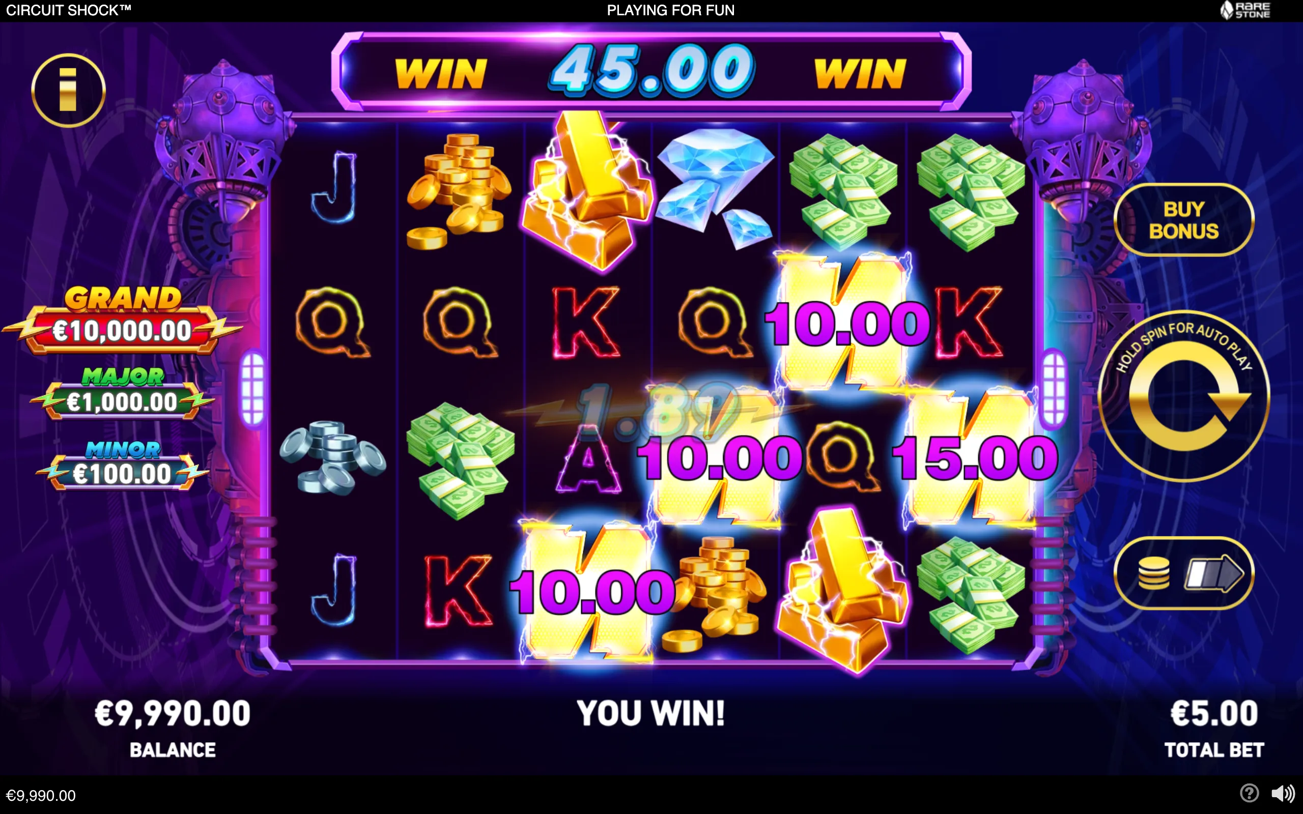 Circuit Shock slot interface with glowing lightning-bolt symbols, coins, diamonds, cash stacks, €10.00 and €15.00 values, and a €45.00 win against a futuristic purple-and-blue mechanical backdrop.