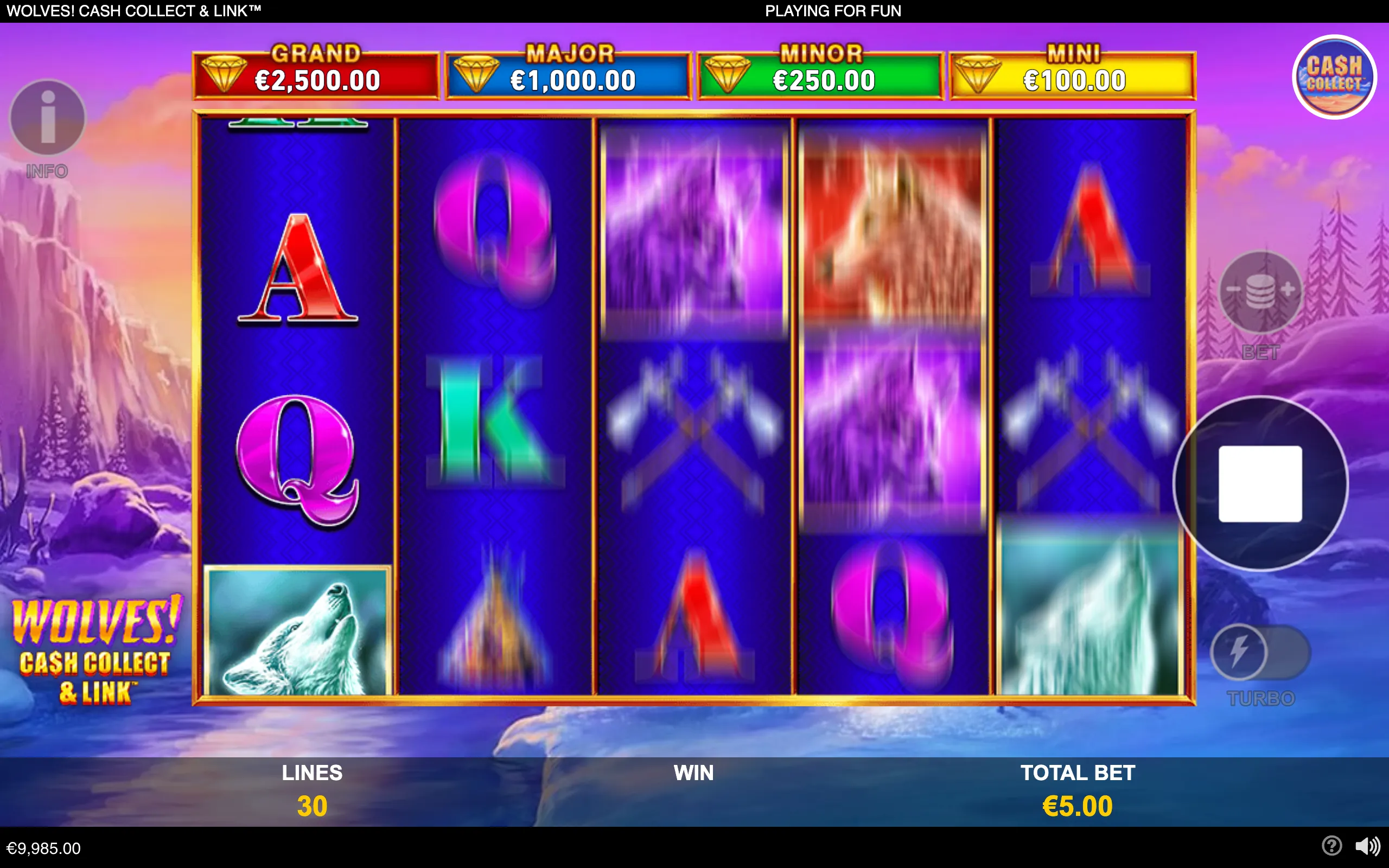 Wolves! Cash Collect & Link slot interface with five reels, colorful playing-card symbols, a howling wolf symbol, jackpot meters, and a purple mountain landscape.