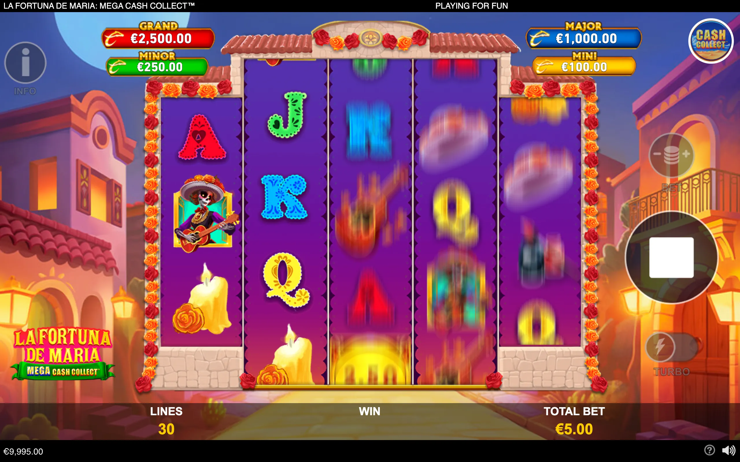 La Fortuna de Maria: Mega Cash Collect slot interface with rose-framed purple reels, mariachi skeleton character, candles, Mexican village scenery, and Grand, Major, Minor, and Mini jackpot meters.
