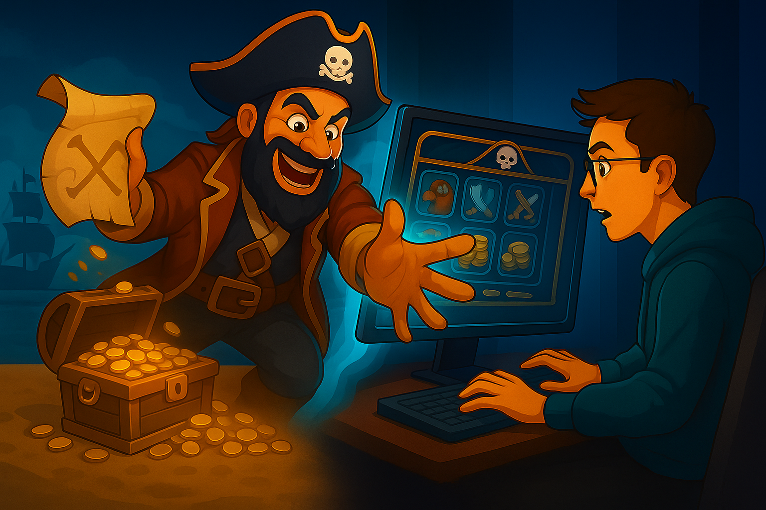 Pirate reaching out of a slot game screen toward a surprised player, with treasure and pirate symbols visible.