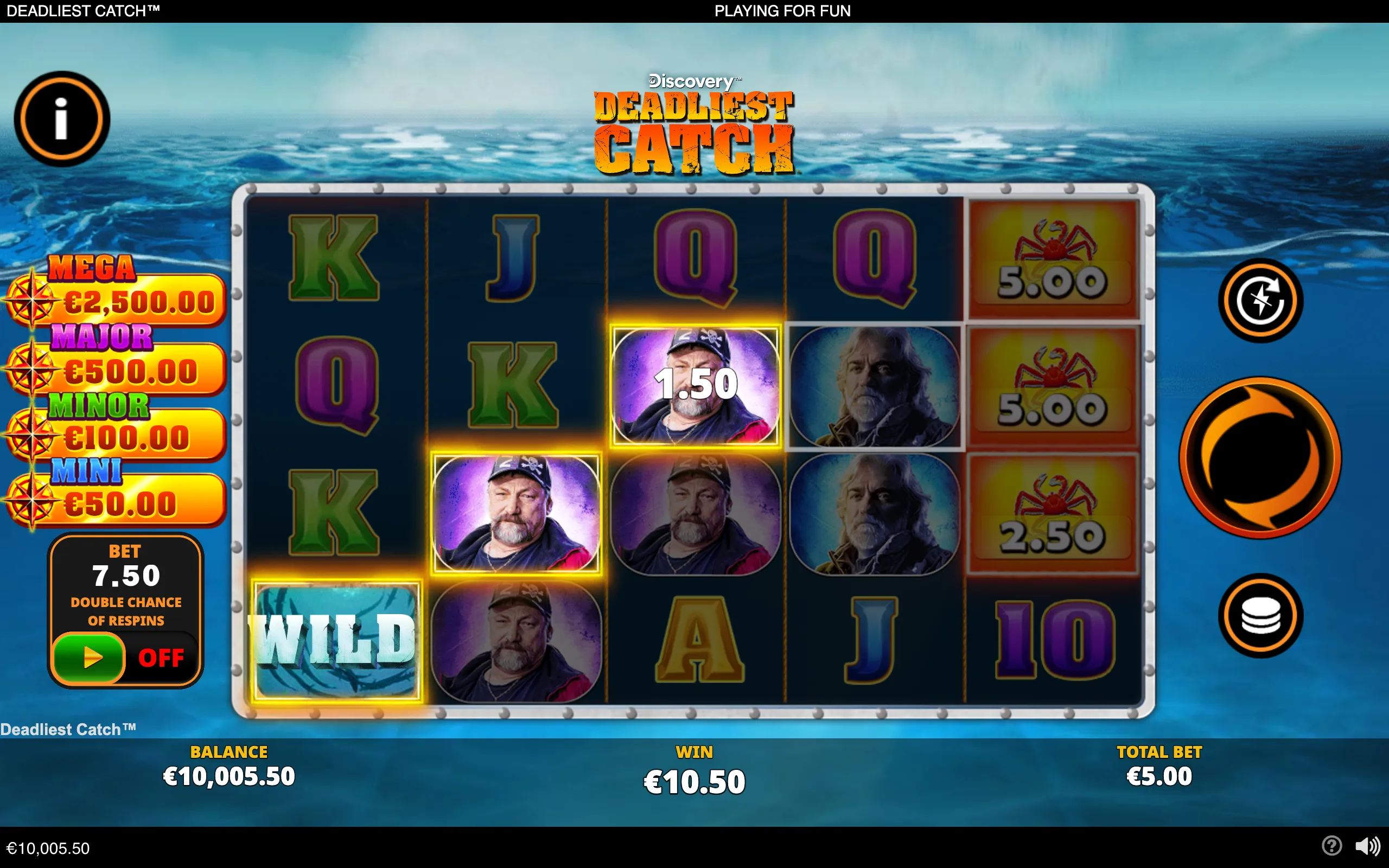 Deadliest Catch slot interface over a rough ocean backdrop, featuring fisherman portrait symbols, crab prize symbols, a WILD tile, jackpot tiers, and highlighted winning symbols.