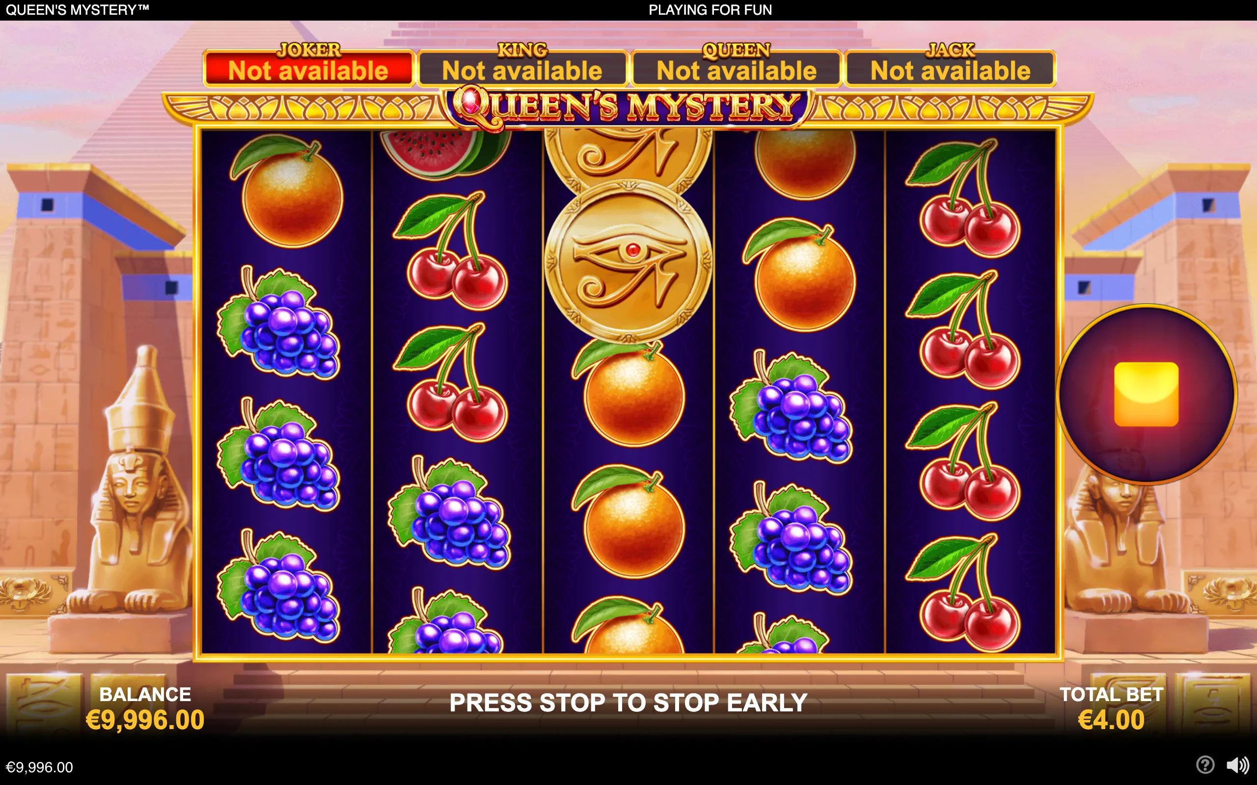 Queen's Mystery slot reels display cherries, oranges, grapes, watermelon, and golden Eye of Horus symbols against an Egyptian temple backdrop, with jackpot labels above.