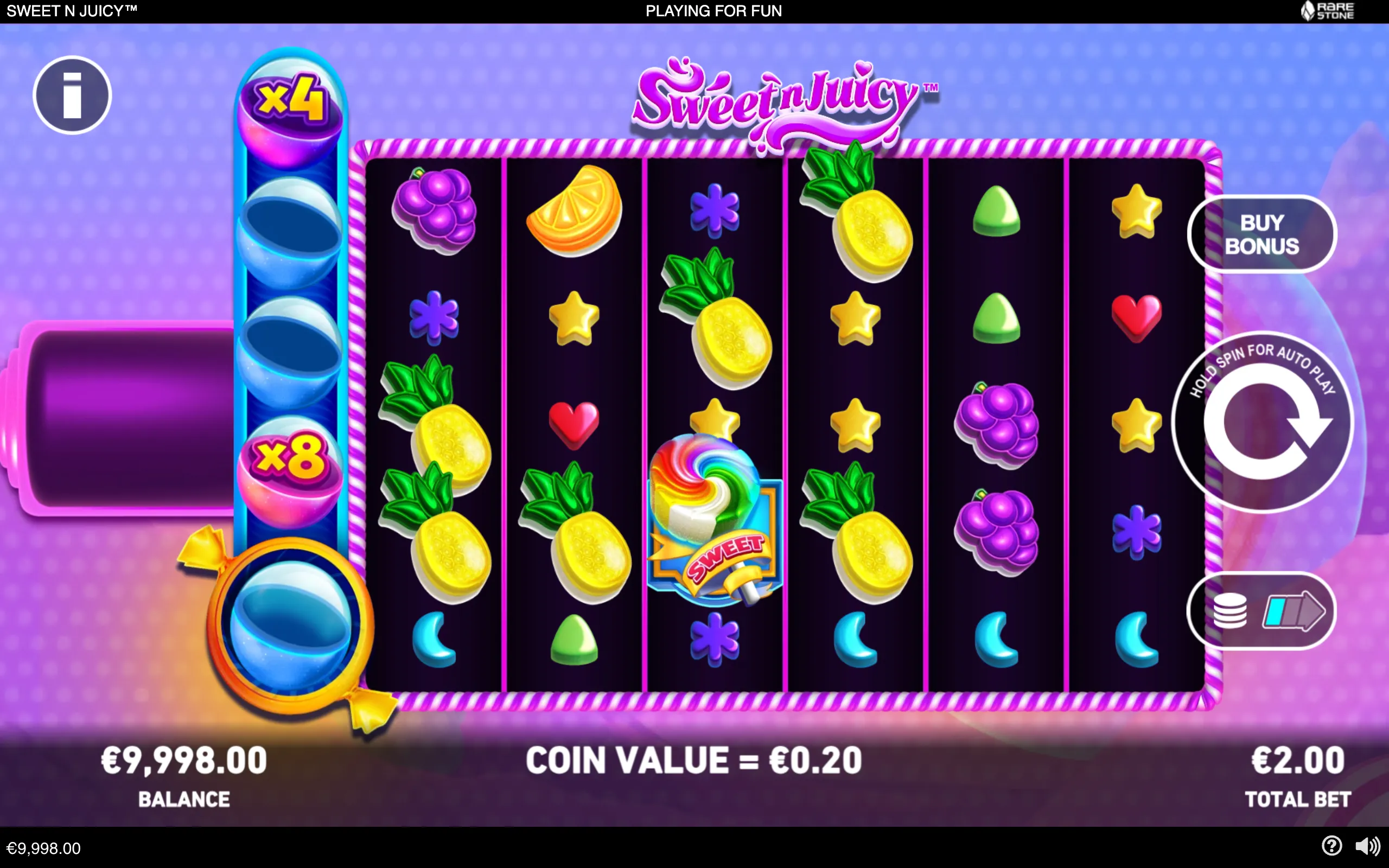Sweet N Juicy slot interface with fruit, candy, hearts, stars, and citrus symbols across six reels, alongside x4 and x8 multiplier markers and a Buy Bonus button.