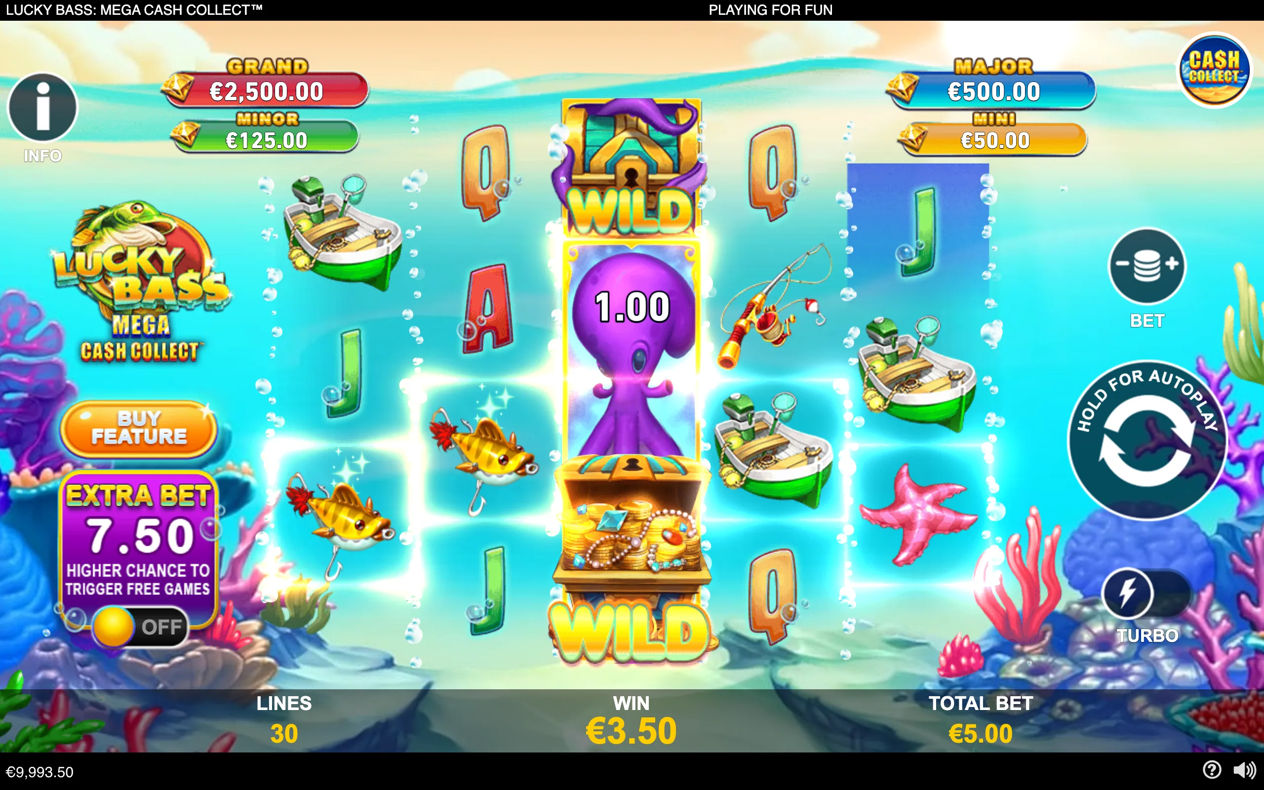 Lucky Bass Mega Cash Collect slot interface with colorful underwater scenery, fish, boats, fishing gear, an octopus Wild symbol, treasure chest Wild, cash values, and jackpot meters.
