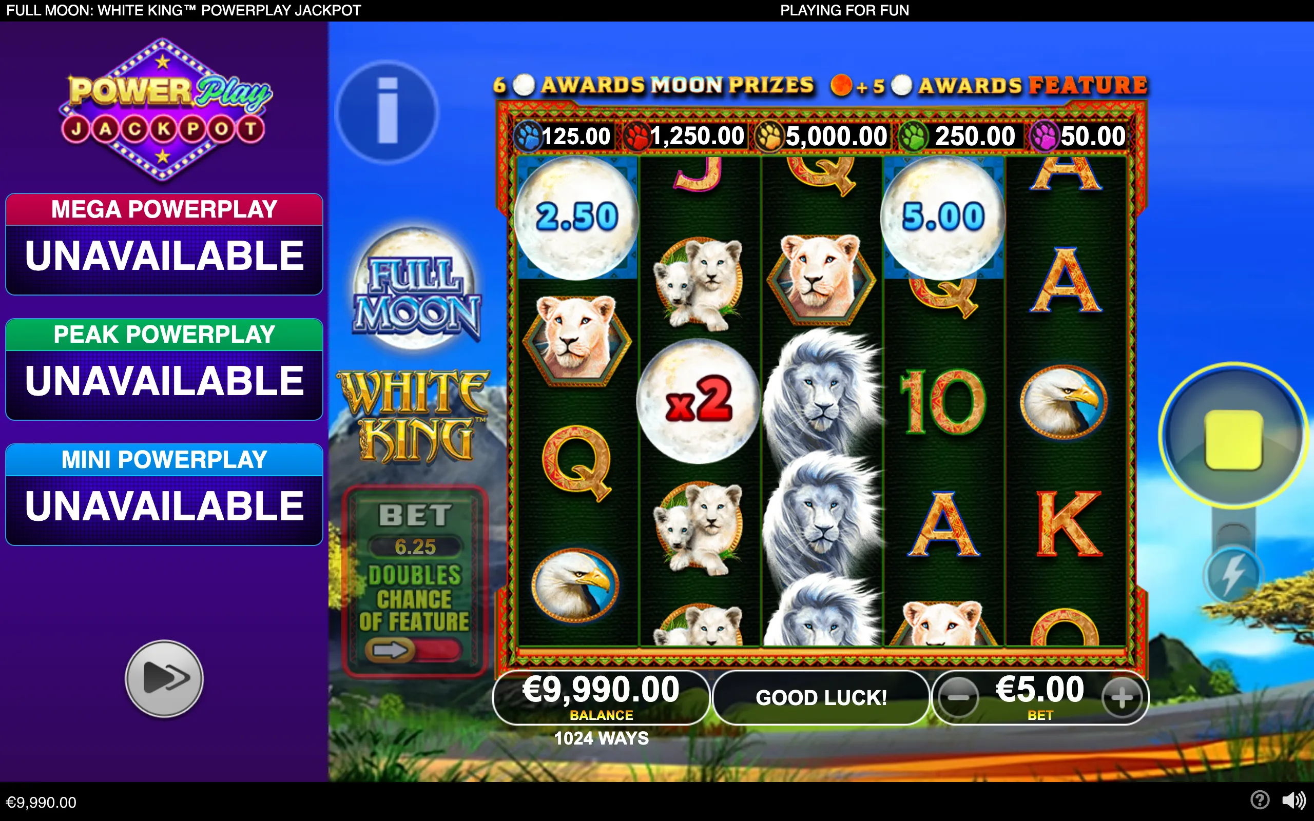 Full Moon: White King PowerPlay Jackpot slot interface featuring moon prize symbols, white lions, lion cubs, eagles, card ranks, and a PowerPlay Jackpot panel against a blue night-sky backdrop.