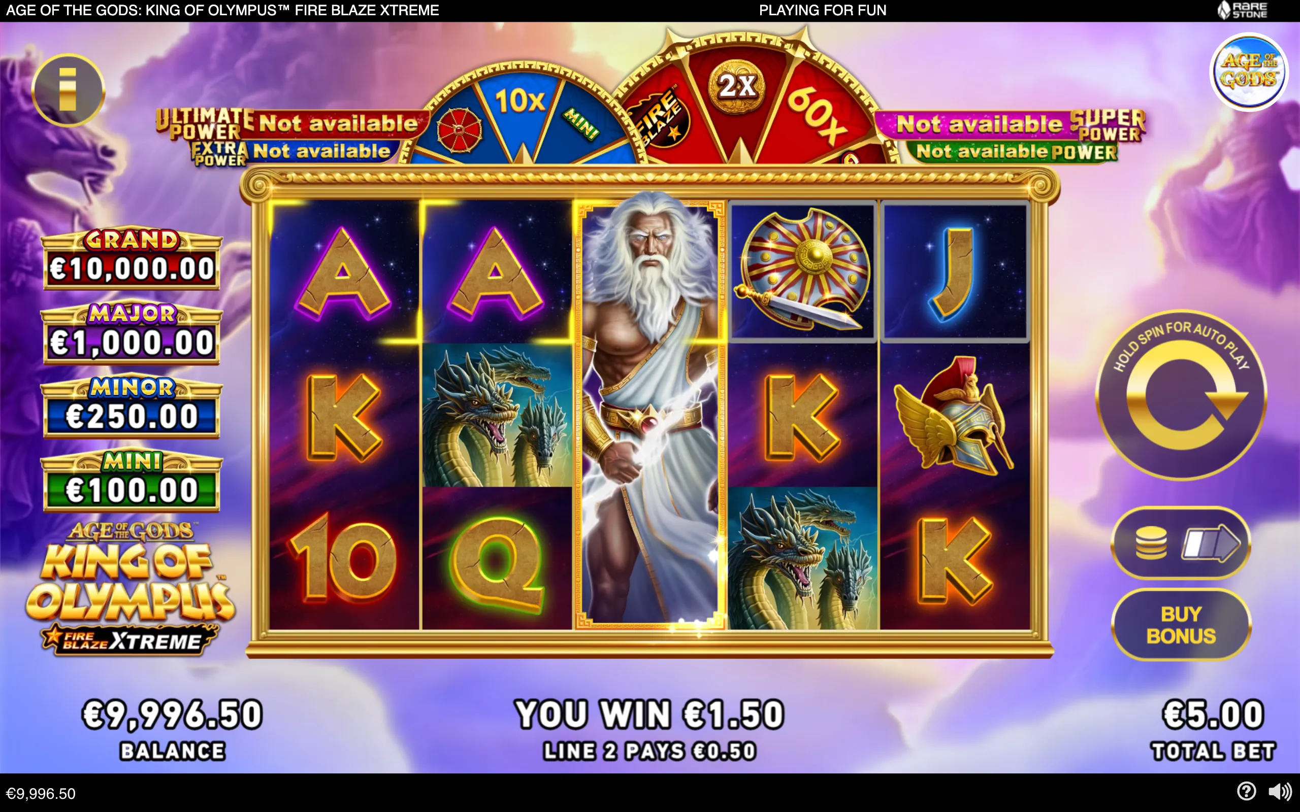 Age of the Gods: King of Olympus Fire Blaze Xtreme slot interface with Zeus, dragons, Greek-themed symbols, jackpot tiers, multiplier wheels, and a €1.50 win.