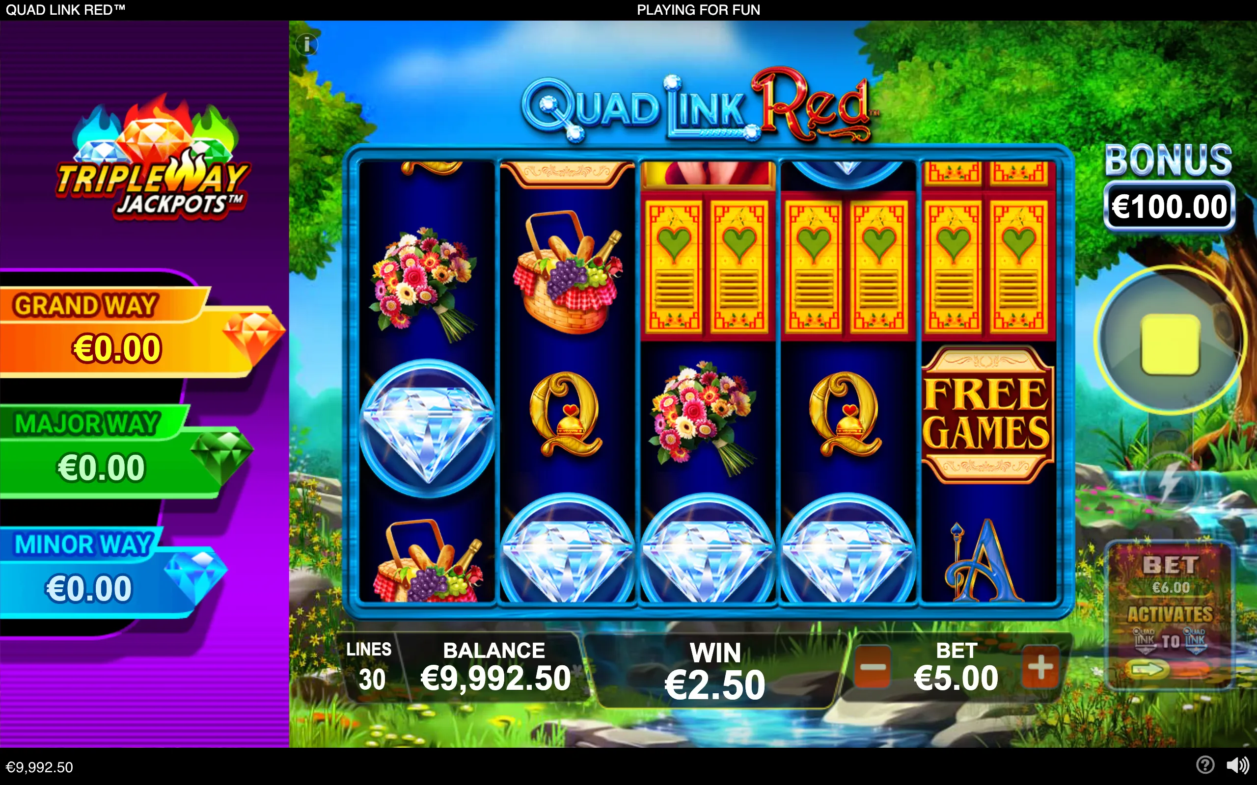Quad Link Red slot interface with jewel-themed reels, bouquets, picnic baskets, heart symbols, a Free Games panel, and Triple Way jackpot meters against a colorful garden stream backdrop.